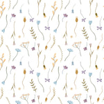 Close-up view of the Minimal Paradise Wallpaper, featuring a whimsical pattern of delicate wildflowers and botanicals in soft pastel hues of purple, yellow, and blue on a white background.