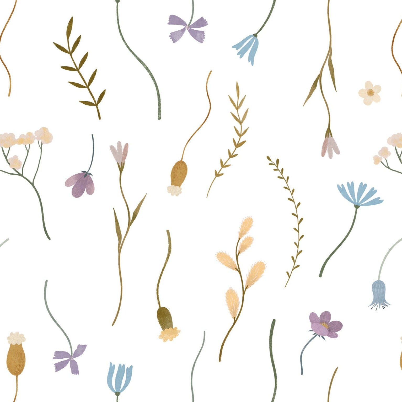 Close-up view of the Minimal Paradise Wallpaper, featuring a whimsical pattern of delicate wildflowers and botanicals in soft pastel hues of purple, yellow, and blue on a white background.
