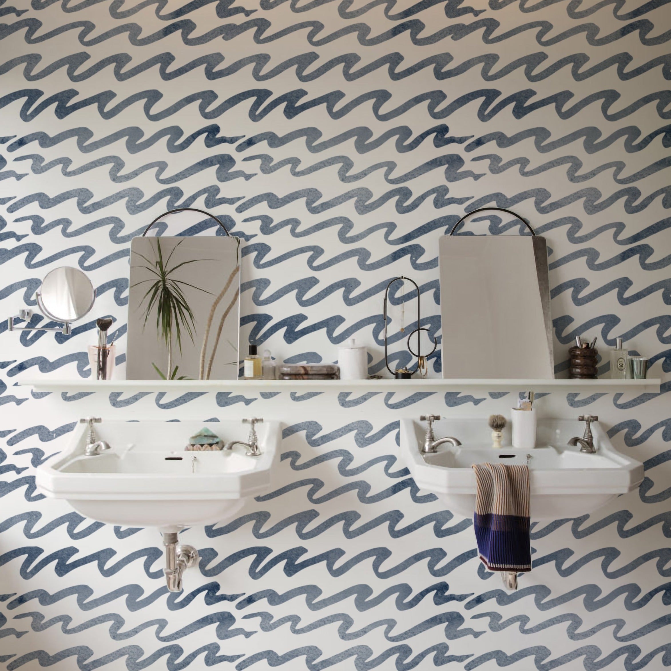 Contemporary bathroom decorated with Wave Wallpaper - Navy Wallpaper, showcasing navy blue wave patterns on a white background, adding a bold and stylish touch to the space