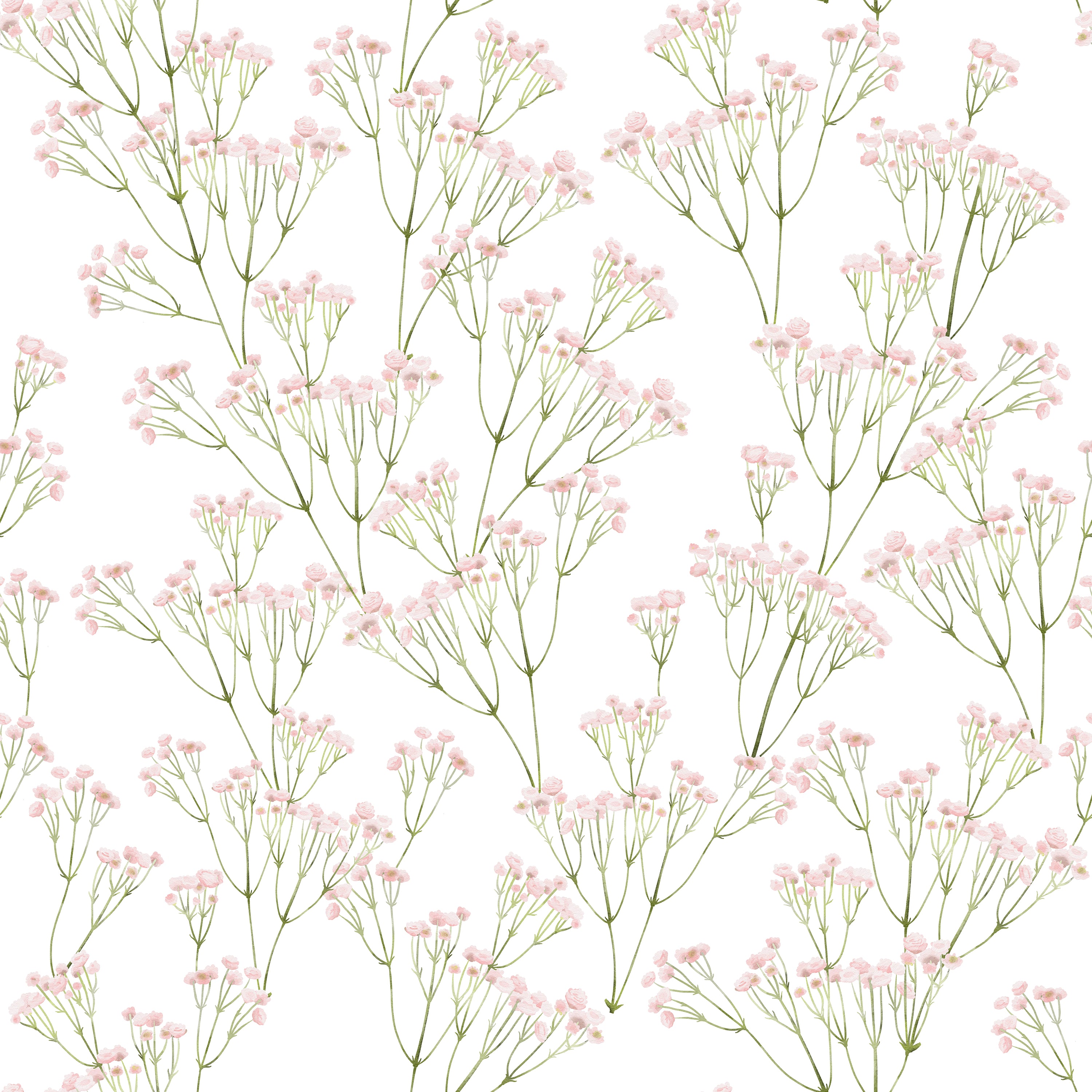 A close-up view of the 'Le Marchand de Fleurs Wallpaper', displaying a pattern of slender green stems leading to clusters of small, pink flowers. The wallpaper's botanical print exudes a sense of springtime freshness and is ideal for adding a floral accent to any room.