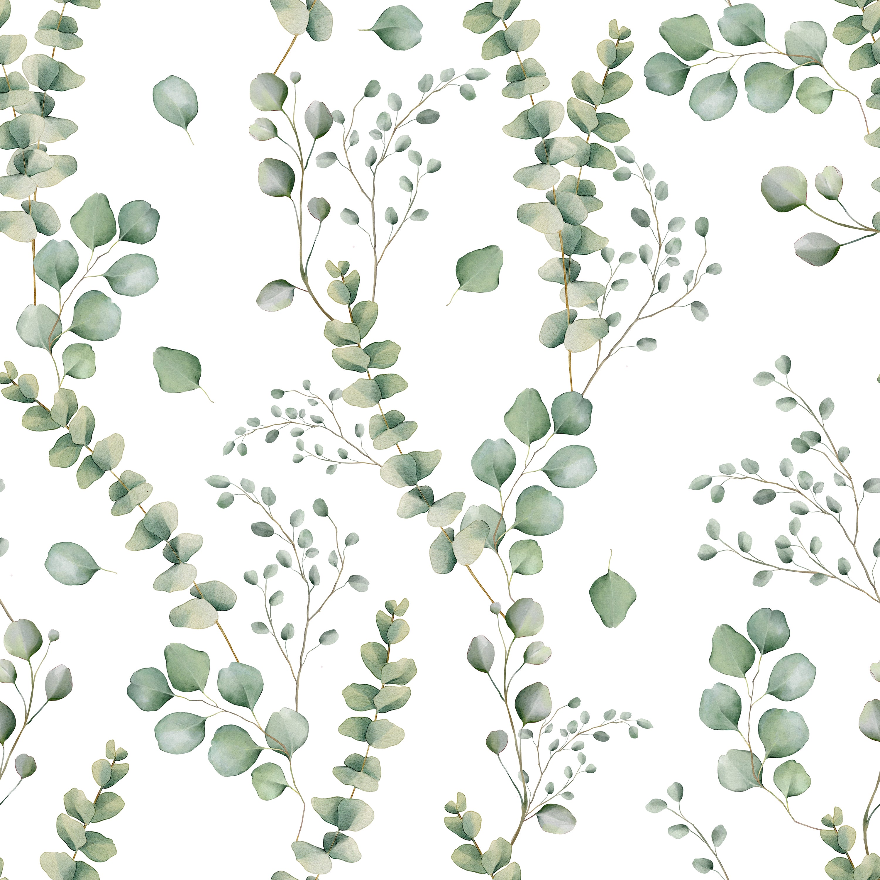 A seamless wallpaper pattern featuring delicate watercolor-style eucalyptus branches with pale green leaves, arranged in a flowing, organic layout. The background is white, emphasizing the freshness and simplicity of the botanical theme.