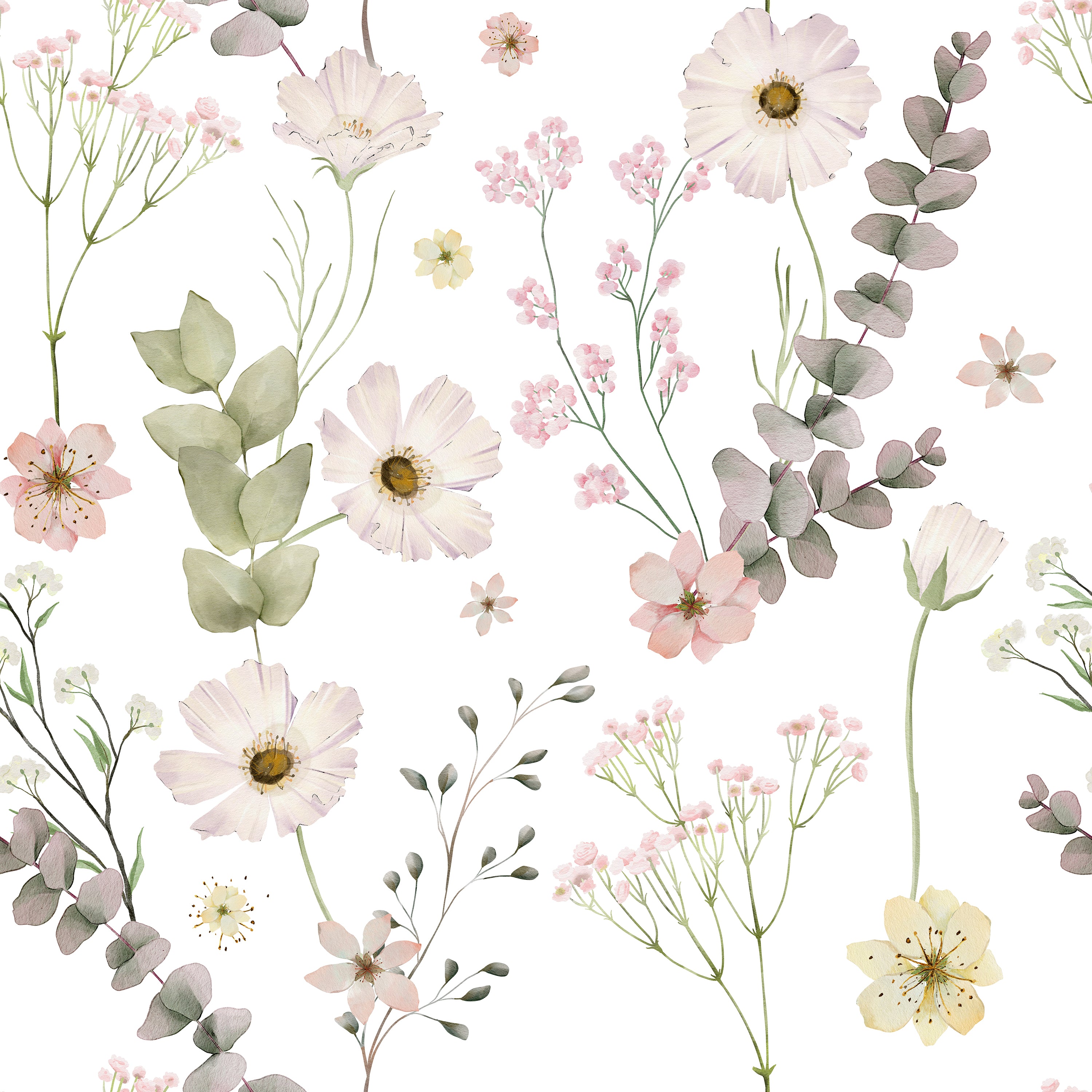 A close-up view of the Botanical Muse Wallpaper pattern, showcasing watercolor illustrations of dainty flowers in shades of pink and cream, with detailed green and eucalyptus leaves on a white background, conveying a light and airy botanical theme.