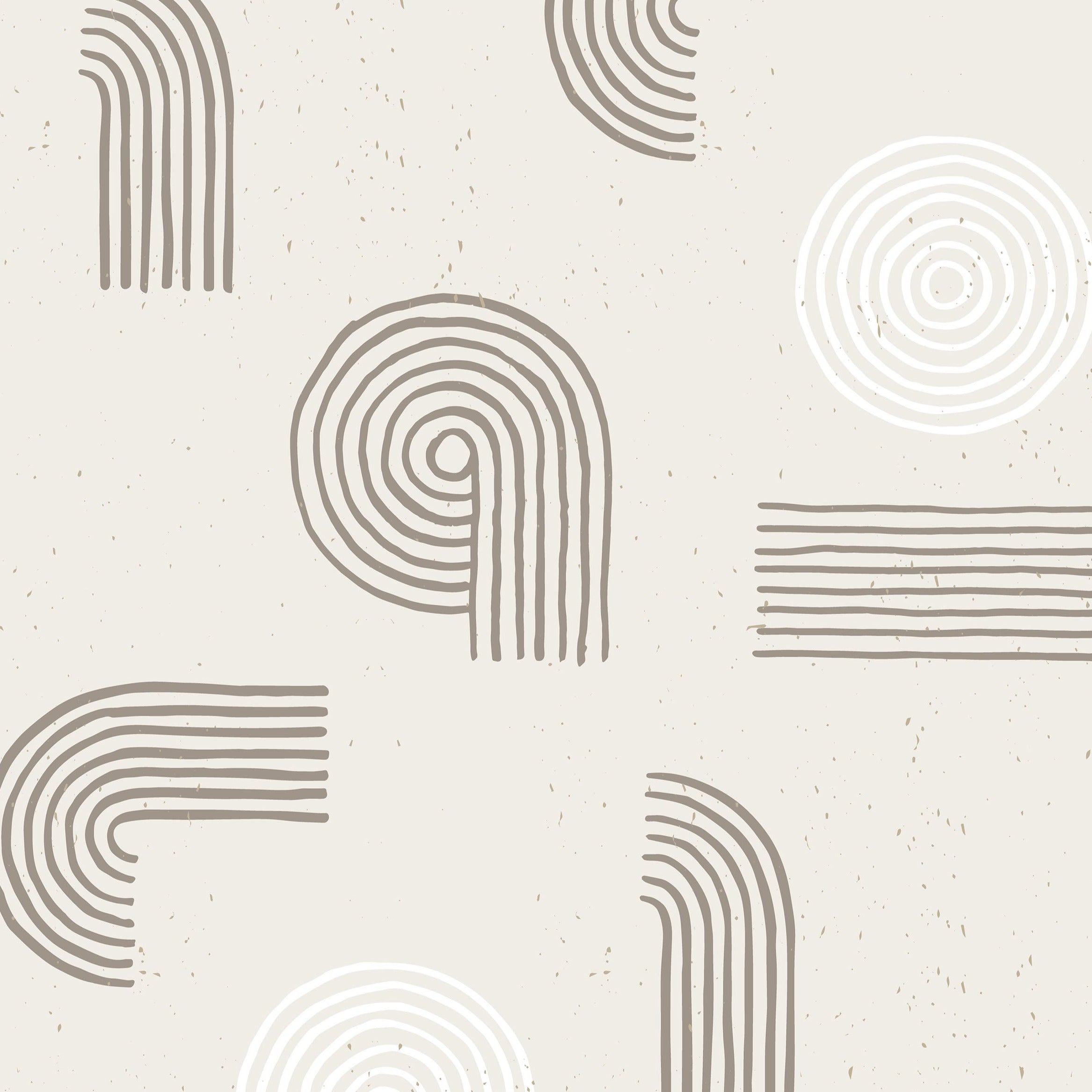 Detailed close-up of Sand Zen Geometric Wallpaper - VII, showcasing an array of abstract geometric shapes including spirals and straight lines in beige on a textured off-white background. The design emits a calming and sophisticated vibe.