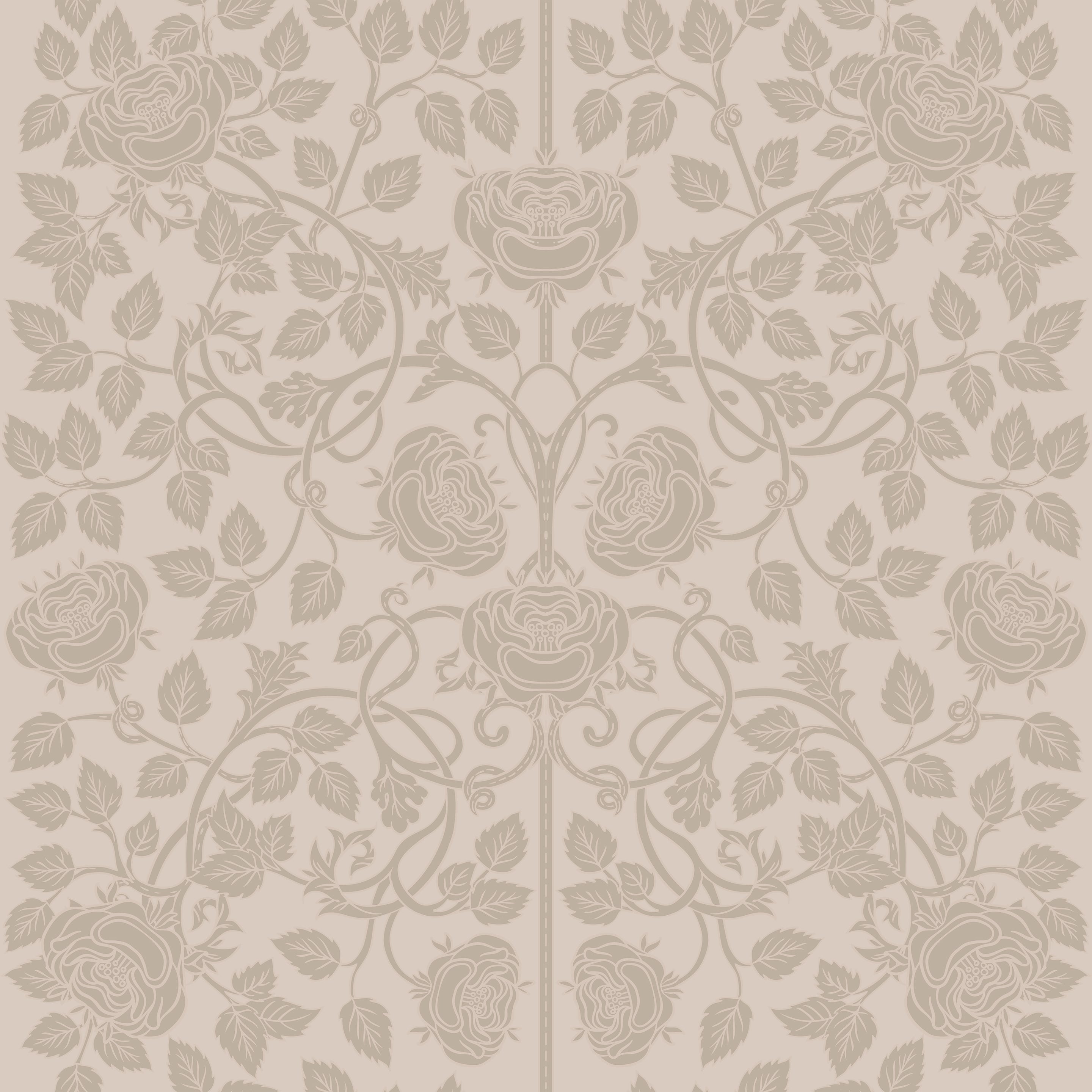 A detailed view of the Linen Color Burn Wallpaper featuring an elegant floral pattern with intertwining roses and leaves in subtle shades of beige, offering a serene and sophisticated aesthetic.