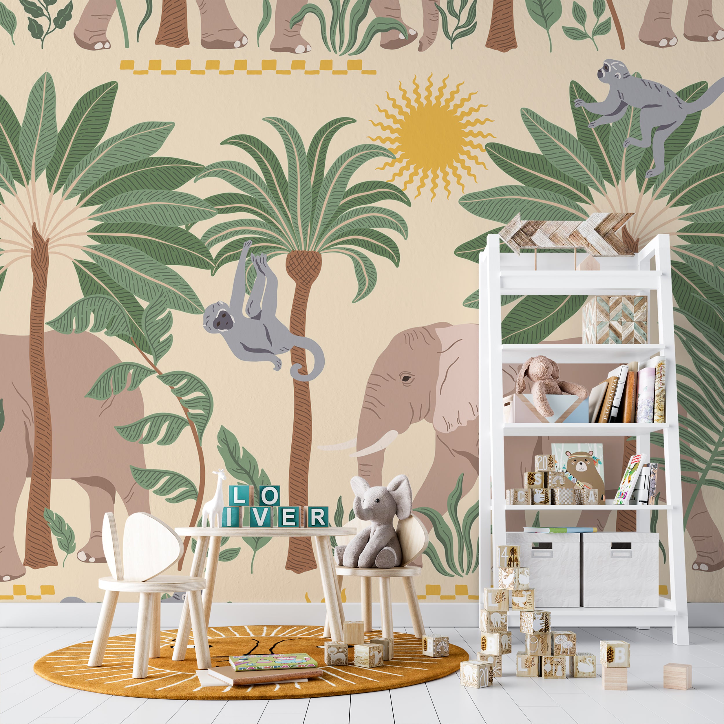 Close-up view of Tropical Dreams Animal Wallpaper in a nursery setting