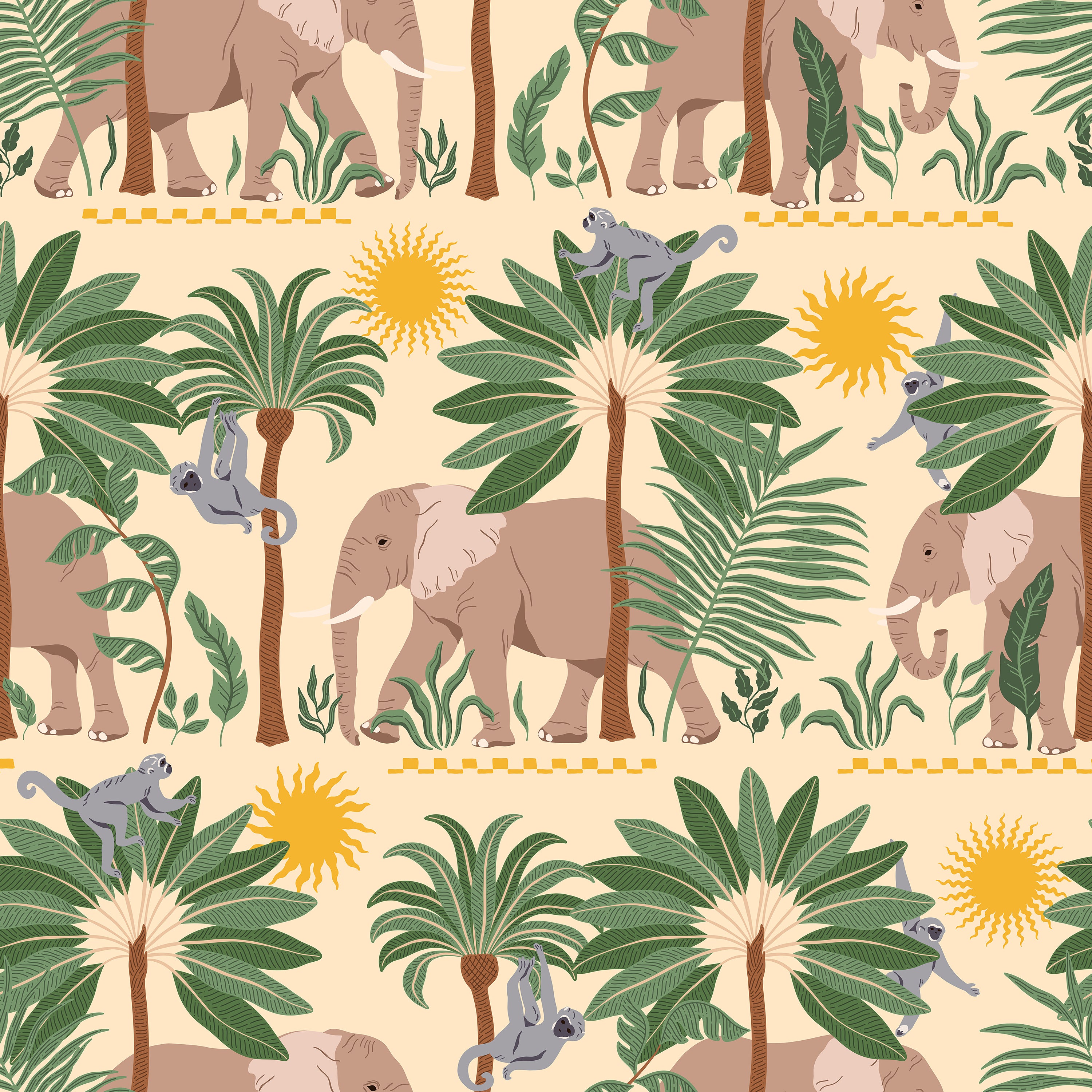 Repeat pattern of Tropical Dreams Animal Wallpaper with elephants and palm trees