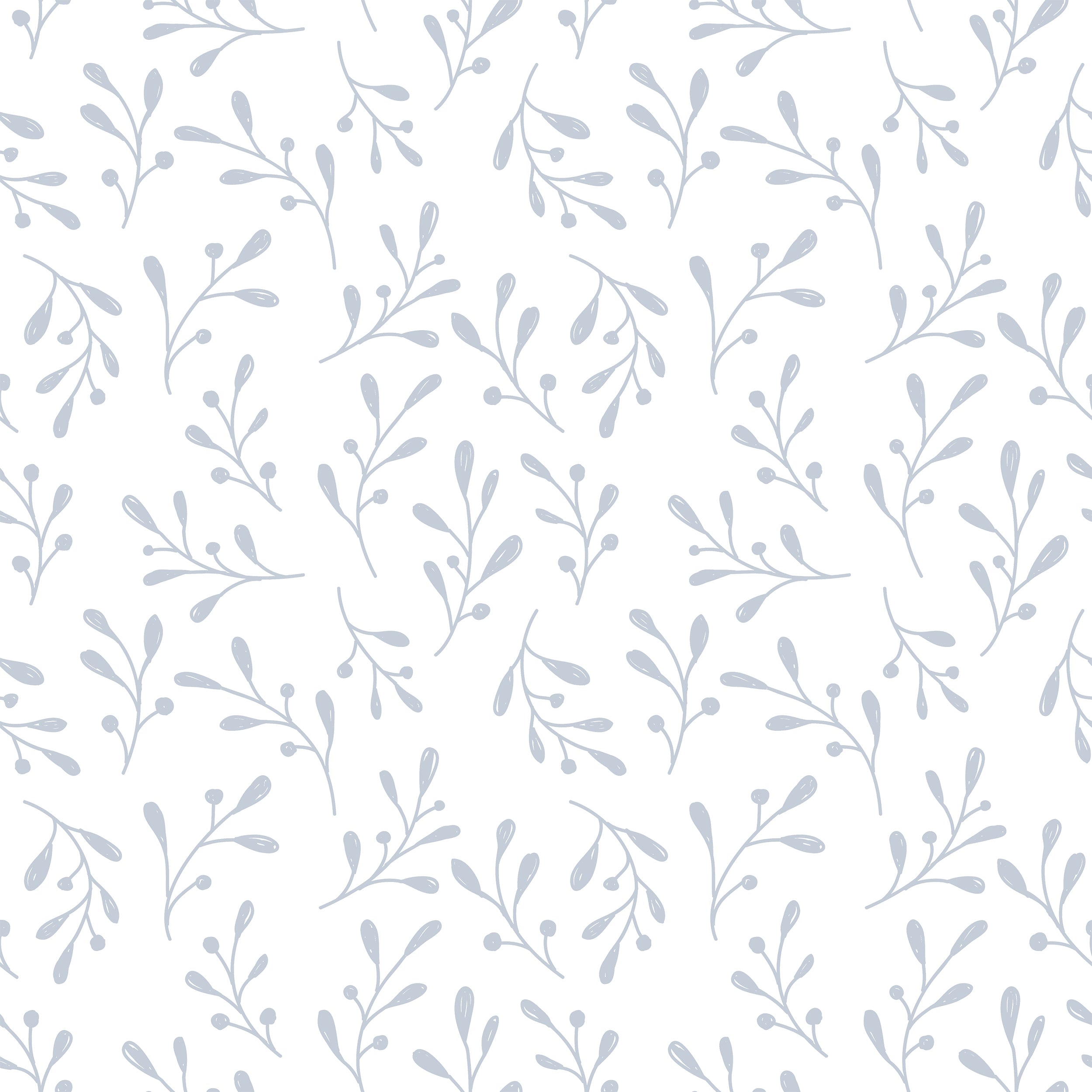 A close-up view of the Natural Wallpaper II, highlighting the graceful grey botanical sprig pattern distributed evenly across a clean white background. The design radiates a calm and organic feel, suitable for creating a soothing environment.