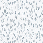 The image displays the "Subtle Botanica - Pale Blue" wallpaper, characterized by its soft pale blue leaf patterns distributed evenly over a white background. The botanical elements have a watercolor-like quality, providing a delicate and serene visual texture that is both soothing and aesthetically pleasing.