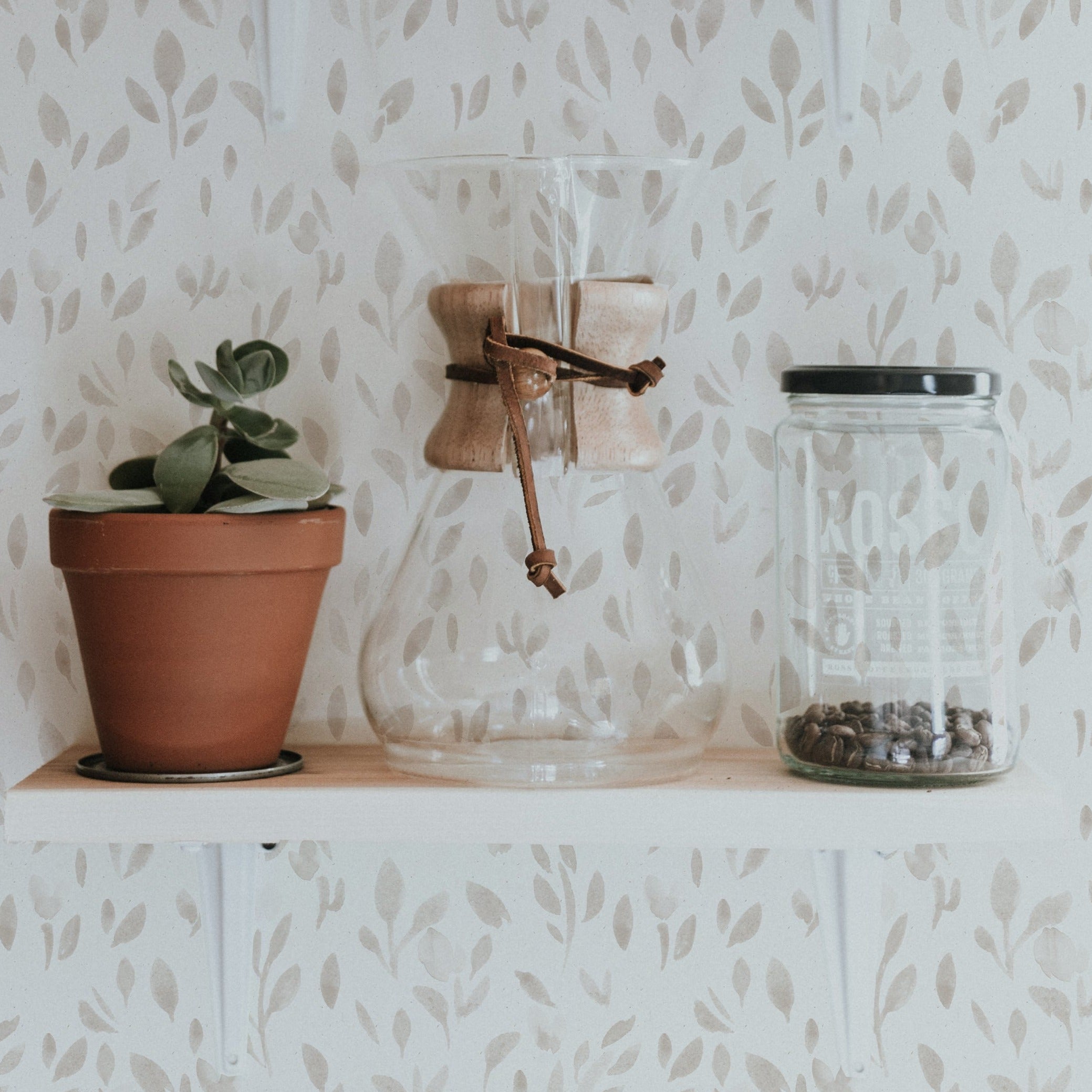 A close-up of a kitchen shelf against the 'Subtle Botanica - Linen' wallpaper, with terracotta pots housing vibrant green succulents, a clear glass vase tied with a leather cord, and a jar of coffee beans, complementing the organic theme.