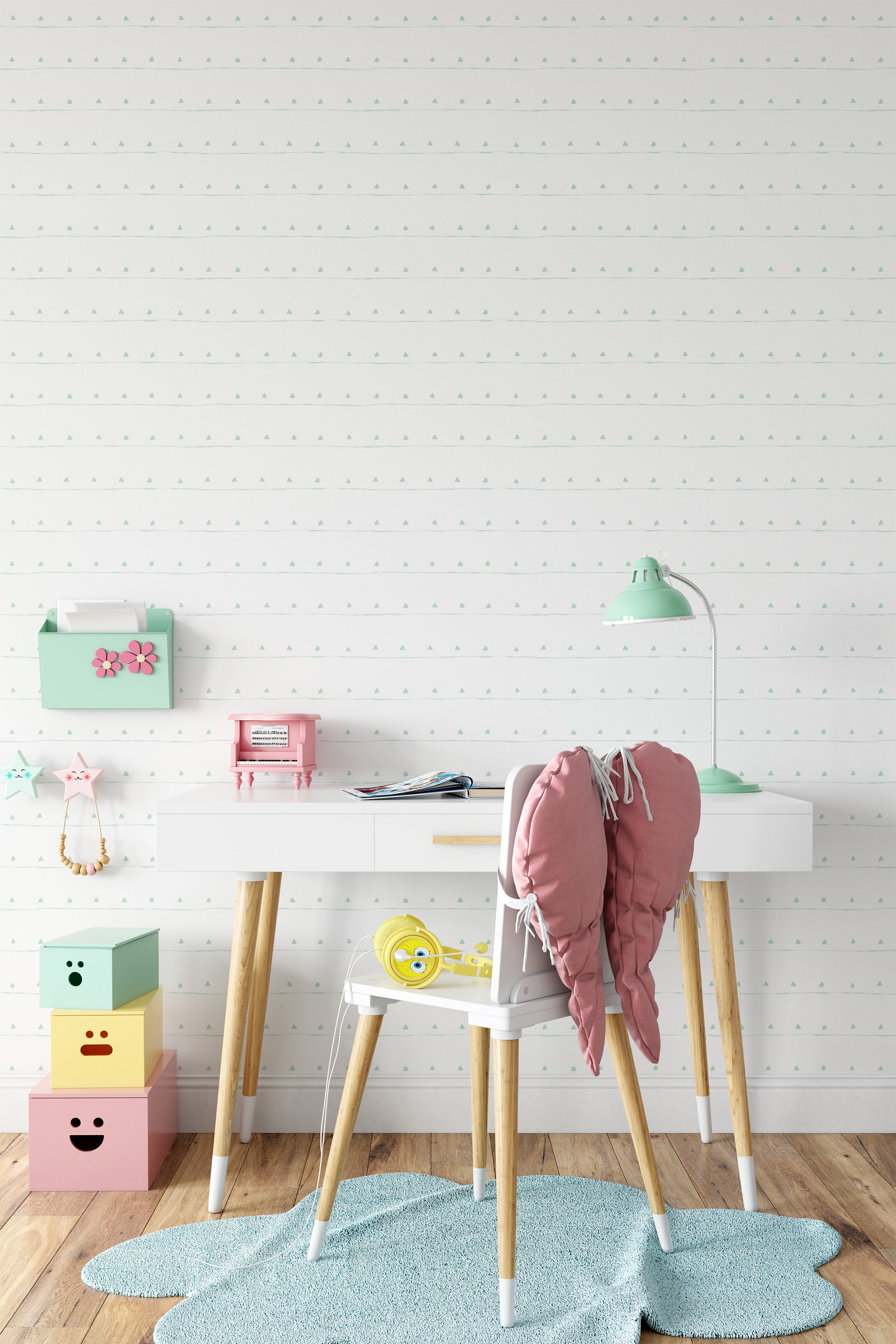 Bright and cheerful children's study area with Kids Boho Wallpaper - 132, featuring a light green background with a simple white triangle pattern, accompanied by colorful storage boxes and a plush pink chair