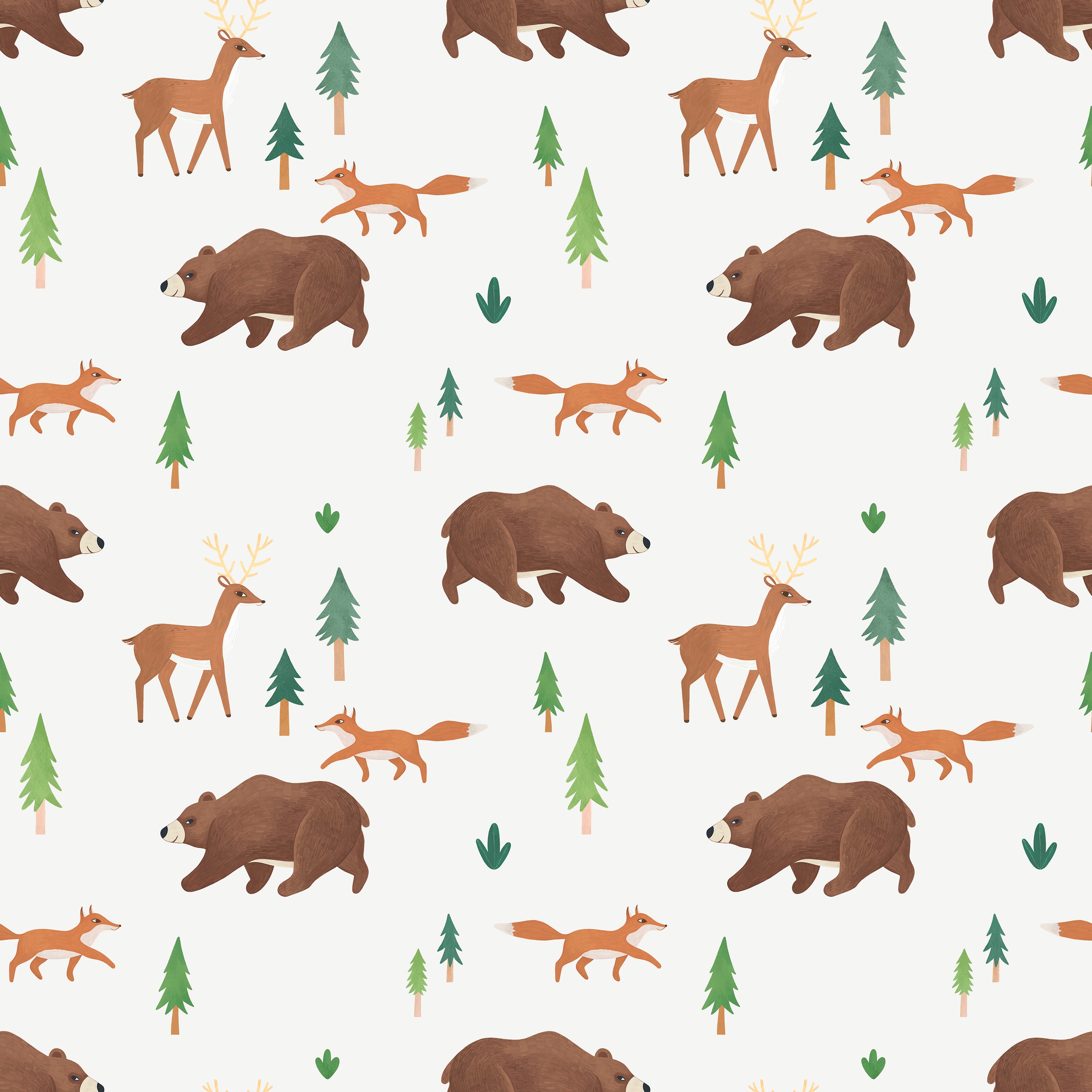 Close-up of a playful wallpaper pattern showcasing illustrated brown bears, deer, and foxes interspersed with small pine trees and green foliage. The design captures a lively forest scene in soft, earthy tones, perfect for a nature-themed nursery or children's room.
