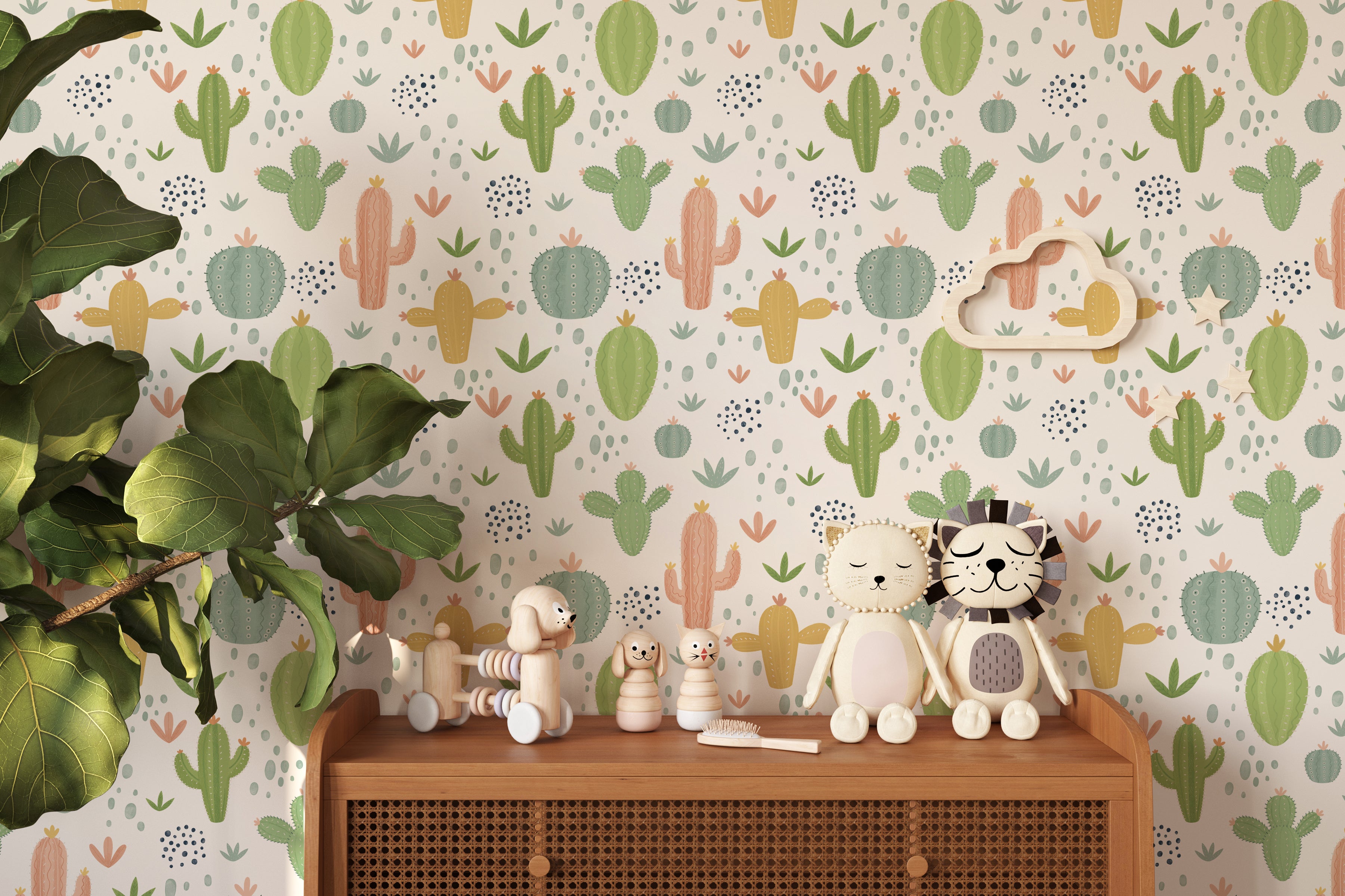 A vibrant children's room featuring walls adorned with 'Colourful Cactus Kids Wallpaper,' displaying various cacti in green and pastel hues alongside small orange and yellow flowers, complementing the playful and natural theme of the room