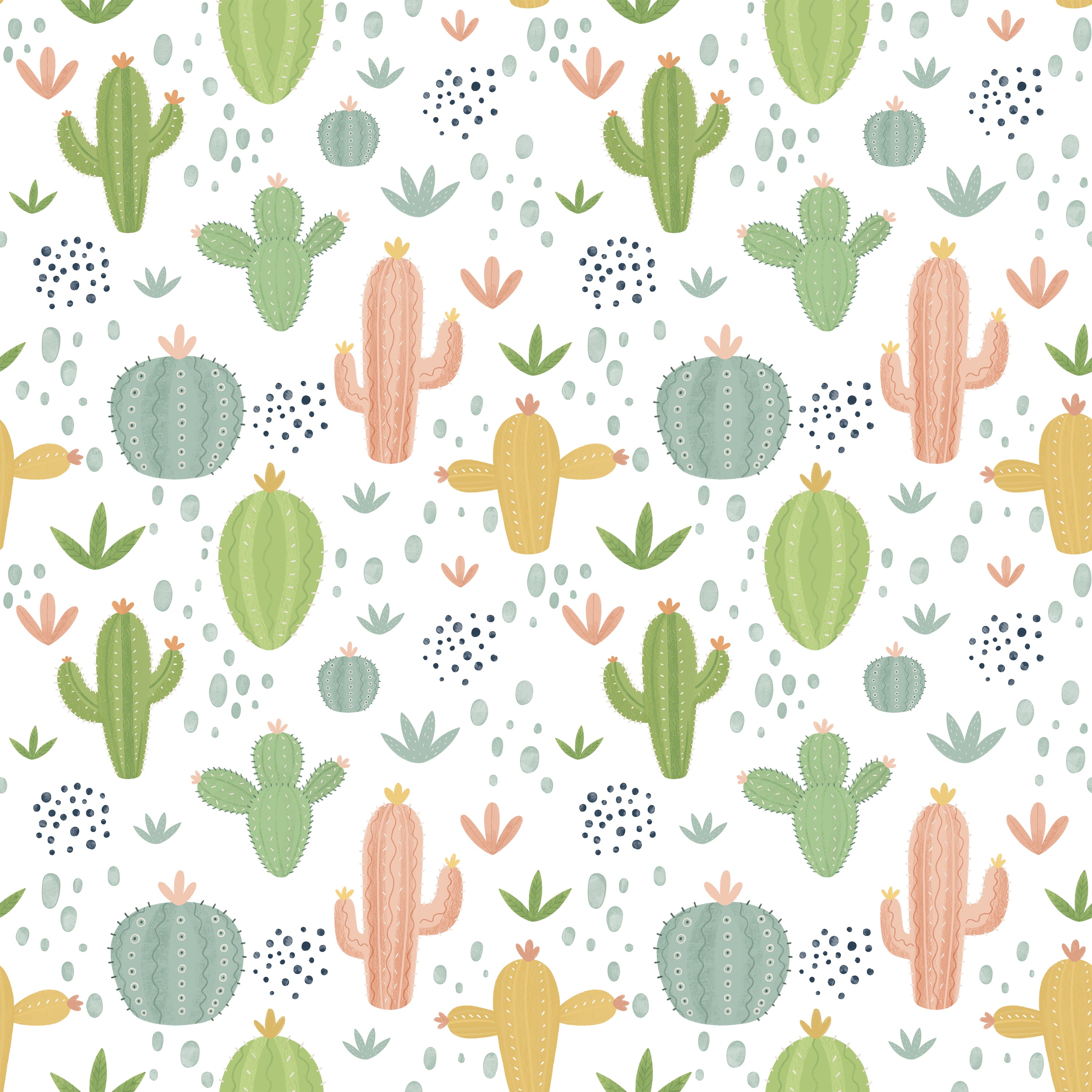 Cheerful and playful 'Colourful Cactus Kids Wallpaper' featuring an assortment of green and pastel-colored cacti mixed with orange and yellow flowers on a speckled white background, perfect for adding a touch of nature-inspired fun to children's spaces