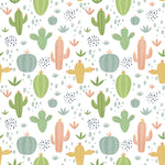 Cheerful and playful 'Colourful Cactus Kids Wallpaper' featuring an assortment of green and pastel-colored cacti mixed with orange and yellow flowers on a speckled white background, perfect for adding a touch of nature-inspired fun to children's spaces