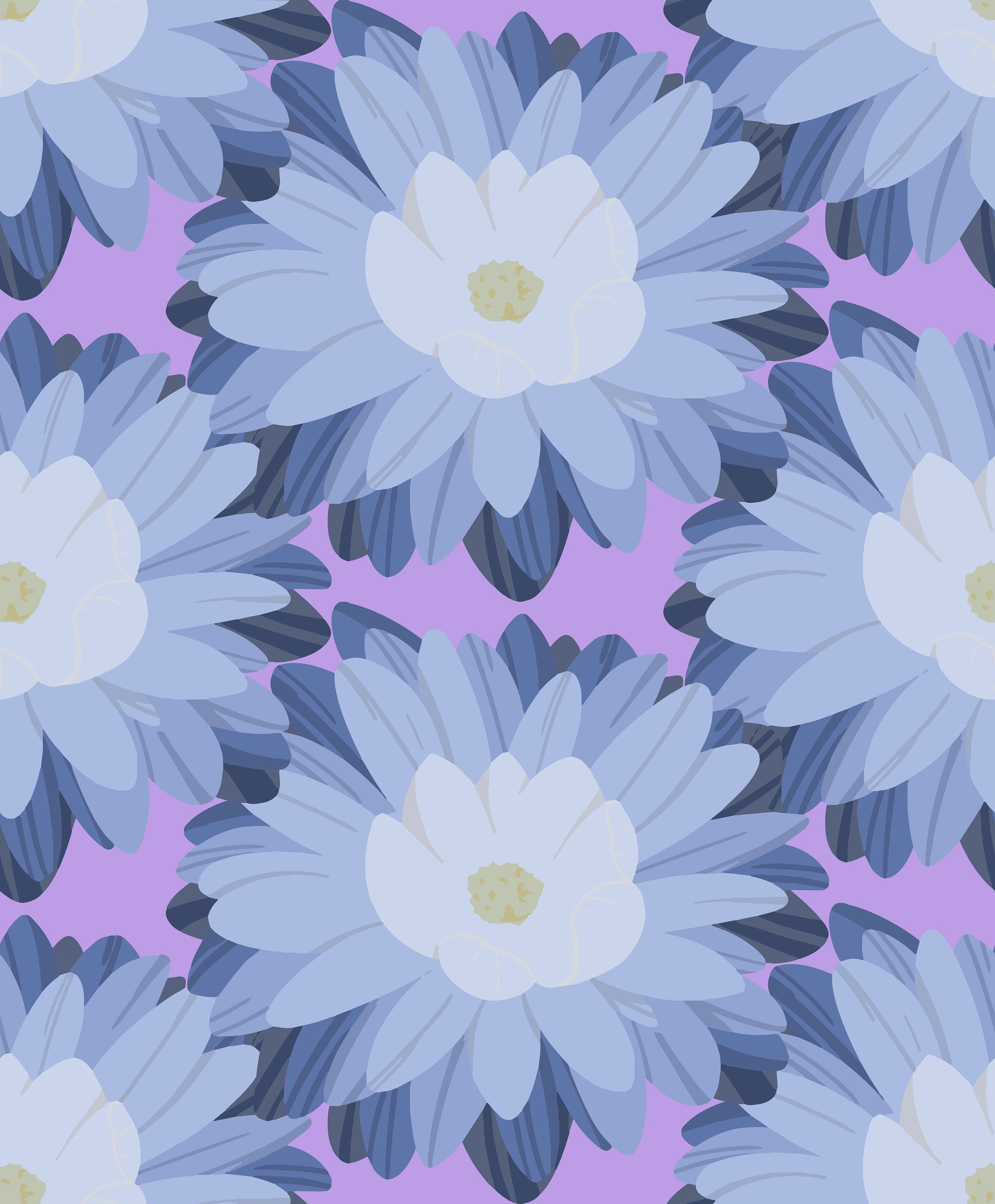 Pastel blue and pink oversized floral wallpaper pattern on purple background