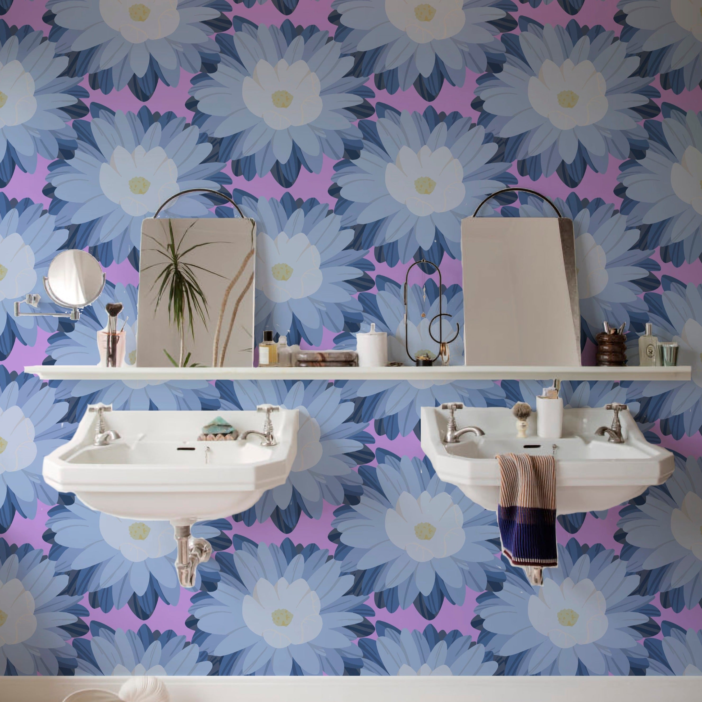 Elegant bathroom interior with pastel floral wallpaper featuring large blue and pink flowers