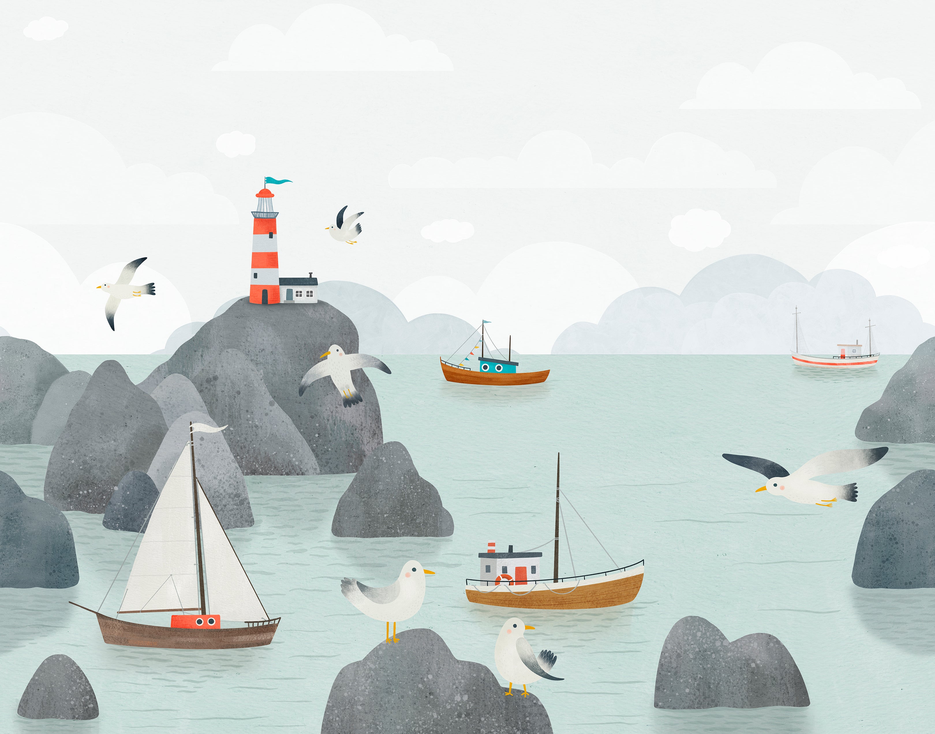 wall adorned with the Kids Nautical Mural Wallpaper, displaying the artful depiction of a coastal landscape. The mural creates a serene ambiance with its pastel sky, calm sea, and floating boats, all watched over by seagulls in flight and perched atop the rocks, making it a picturesque backdrop for a child's play area or bedroom.