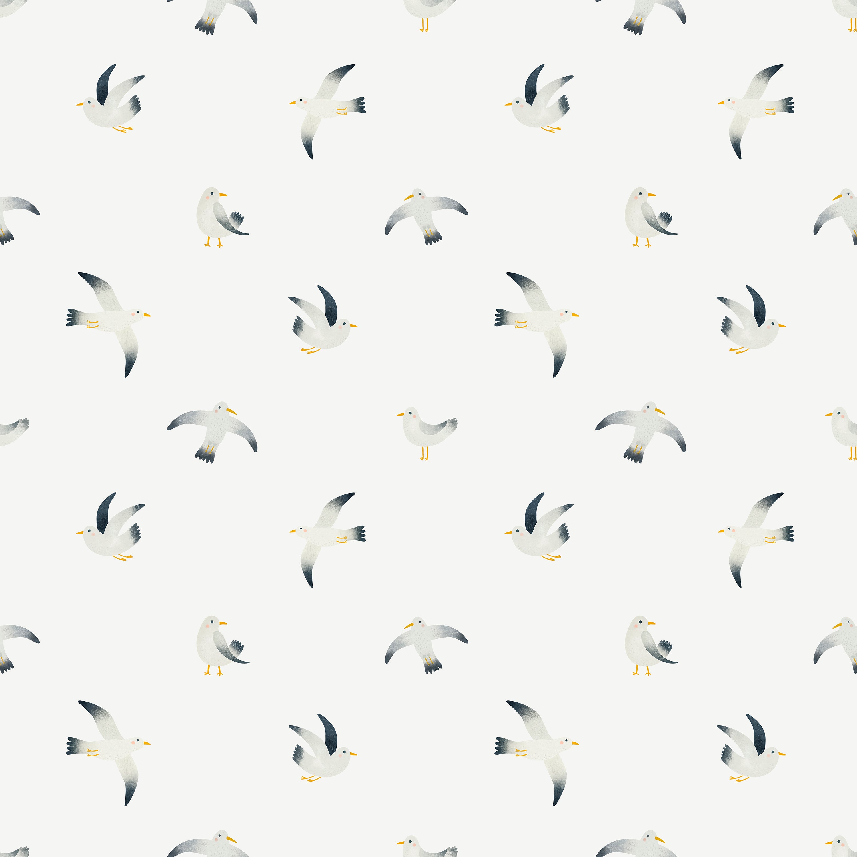 Close-up view of the Birds By the Sea Wallpaper, displaying a charming pattern of seagulls in various poses of flight. The background is a soft white, with the birds detailed in gray, black, and yellow, conveying a sense of freedom and seaside atmosphere.