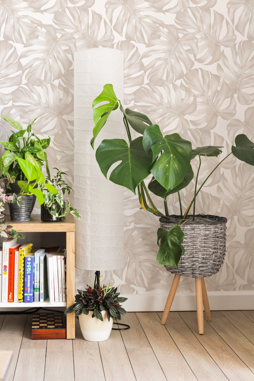 A vertical image displaying a cozy room corner with a wooden bookshelf full of books and a collection of vibrant indoor plants. A large monstera is situated in a wicker basket stand against the backdrop of a white wallpaper featuring a monstera leaf design in a soft, watercolor-like style.