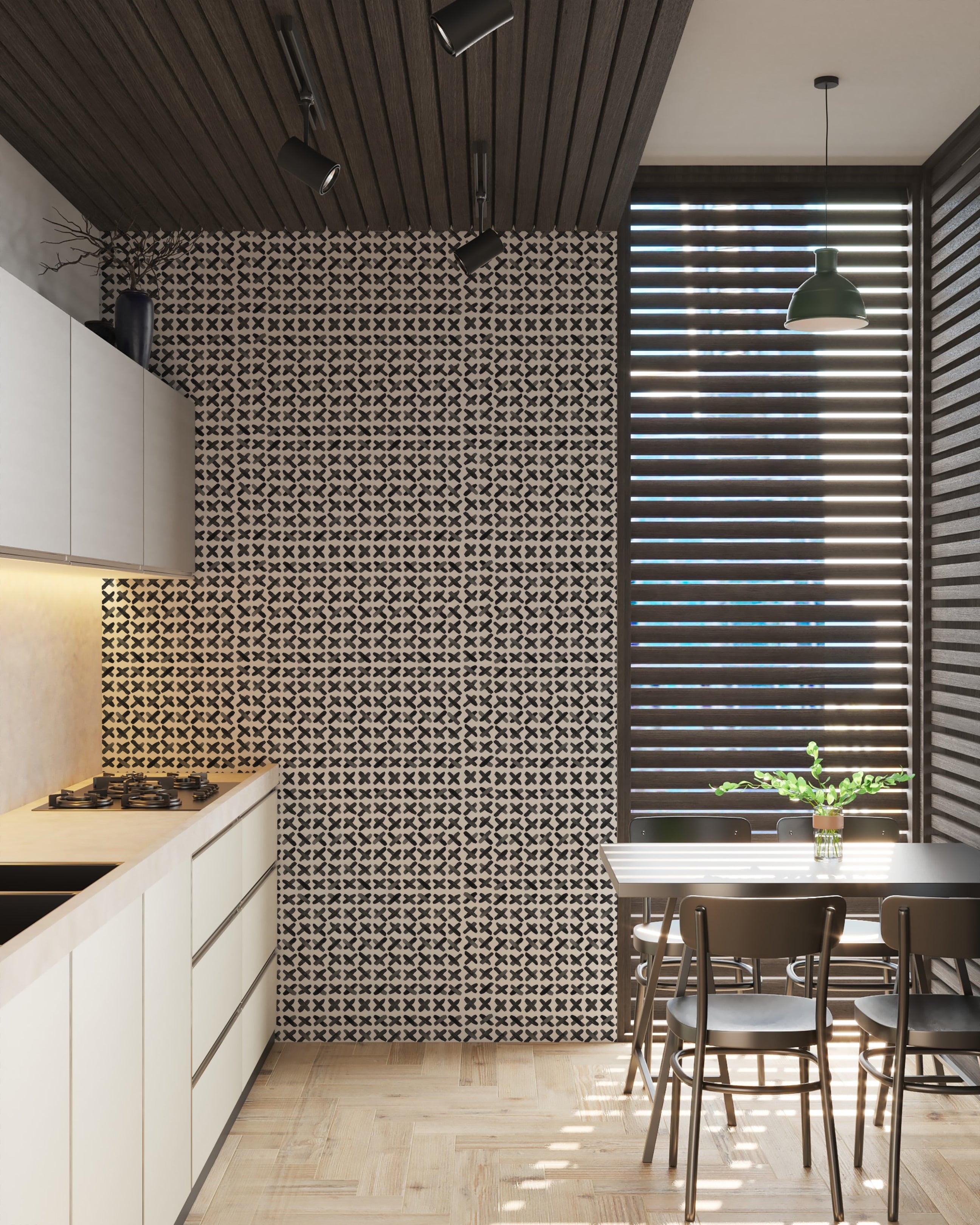 Modern kitchen interior featuring a bold X Infinity Boho Wallpaper with a black and white geometric cross pattern, complementing a minimalist white cabinetry and dark wooden ceiling