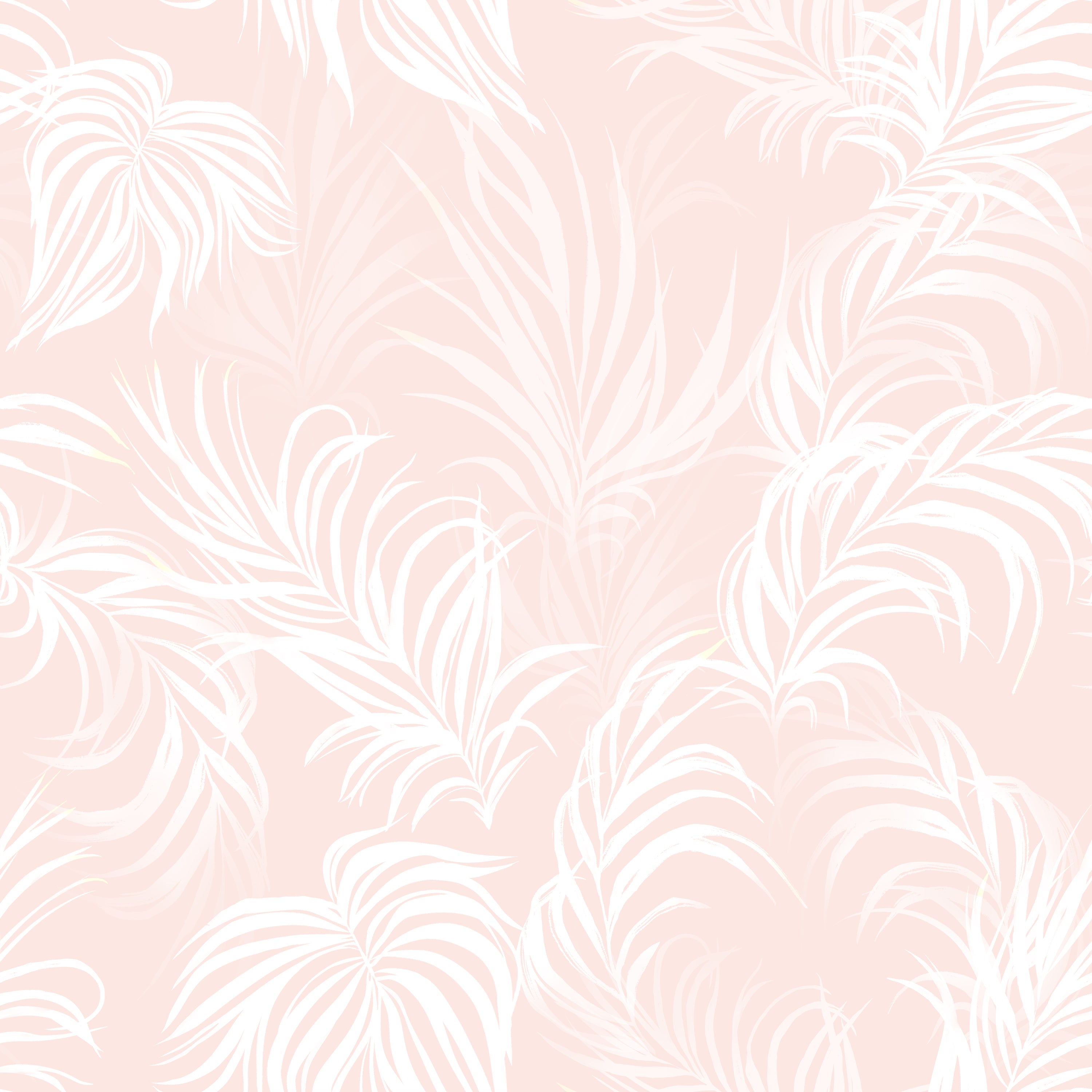 A close-up view of the "Tropical Champagne Wallpaper," highlighting its intricate leaf patterns and the gentle contrast between the pink background and the white designs. This wallpaper offers a tranquil and inviting ambiance, perfect for modern and stylish interior settings.