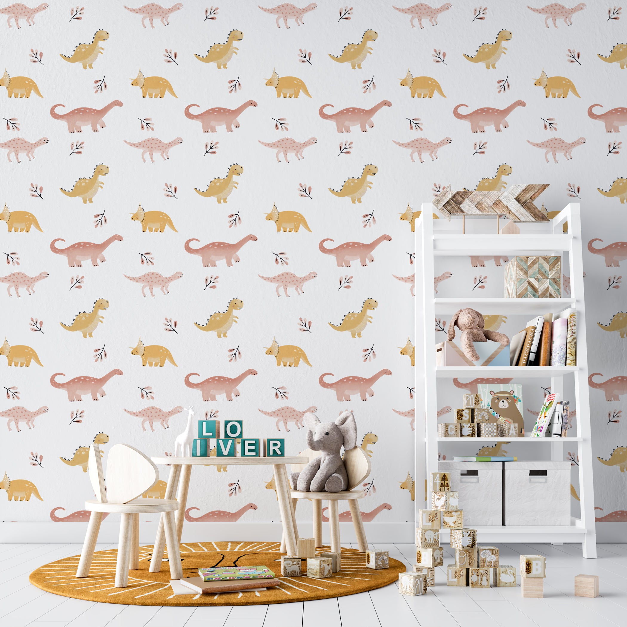 A child's play area is enhanced with the "Dino Days Wallpaper III," which shows cheerful dinosaurs in a soft color palette. The wallpaper includes adorable dinosaurs like stegosaurus and triceratops, interspersed with delicate plant motifs, creating a fun and educational backdrop for play and learning.