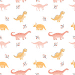 Seamless pattern wallpaper featuring cute cartoon-style dinosaurs in shades of pink and yellow, interspersed with small, simple plant illustrations on a white background. Dinosaurs include various species such as stegosaurus and diplodocus, depicted in a playful, child-friendly design