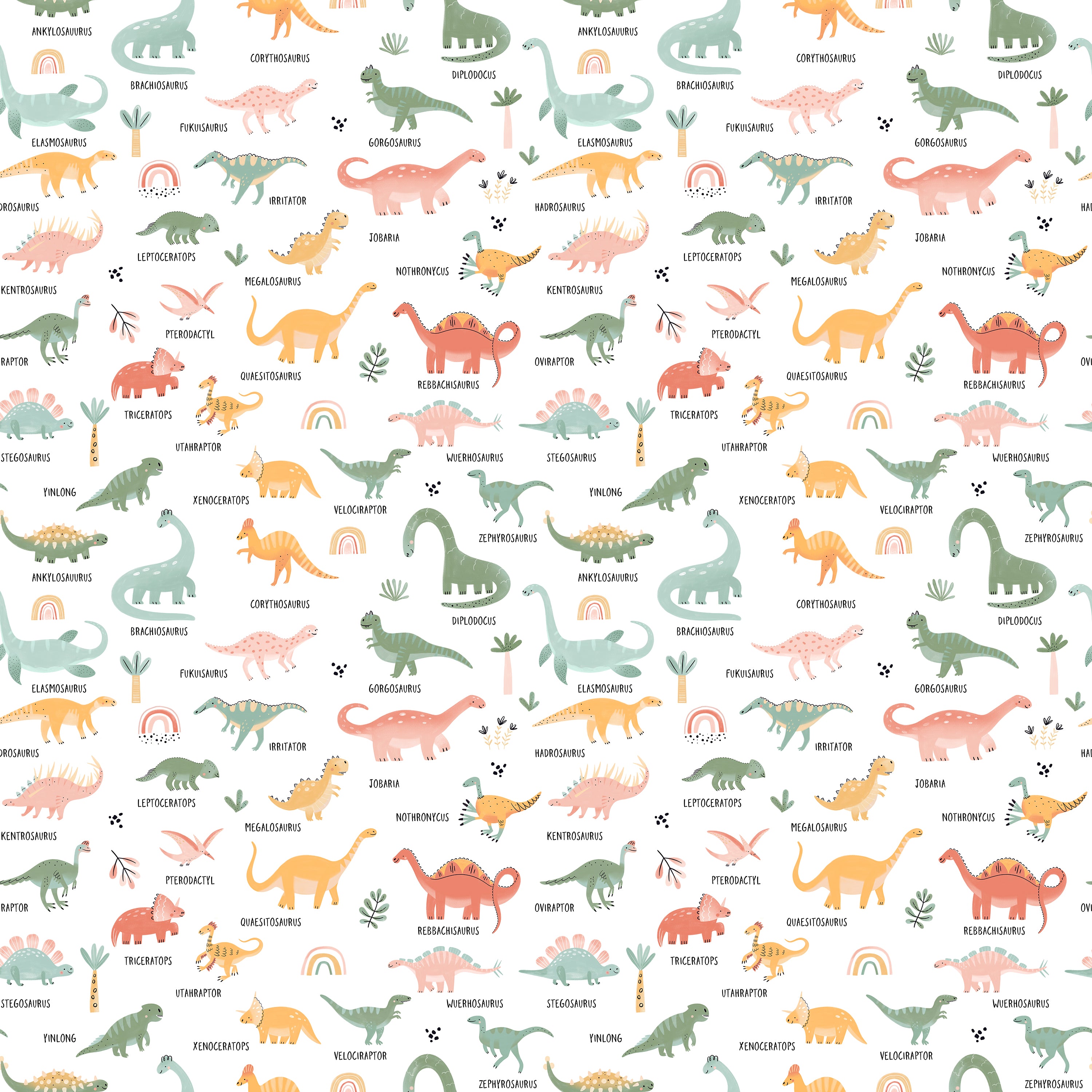 Colorful and educational wallpaper featuring a wide variety of dinosaurs labeled with their names in playful fonts. Dinosaurs are illustrated in soft pastel colors with details such as stripes and spots, set against a white background filled with small, green foliage.