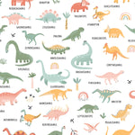 Colorful and educational wallpaper featuring a wide variety of dinosaurs labeled with their names in playful fonts. Dinosaurs are illustrated in soft pastel colors with details such as stripes and spots, set against a white background filled with small, green foliage.