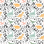 Pattern of assorted pastel-colored dinosaurs and black speckles on a white background. Dinosaurs include triceratops, brachiosaurus, and pterodactyl, depicted in soft tones of green, yellow, and pink.