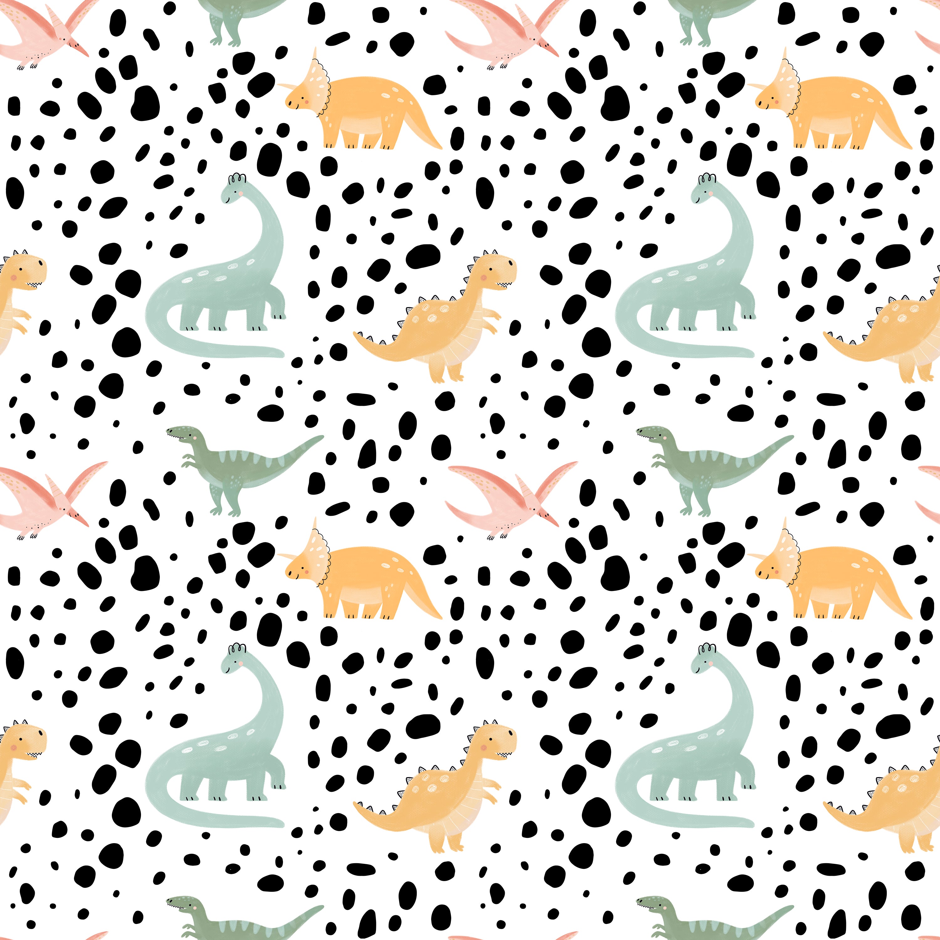 Pattern of assorted pastel-colored dinosaurs and black speckles on a white background. Dinosaurs include triceratops, brachiosaurus, and pterodactyl, depicted in soft tones of green, yellow, and pink.