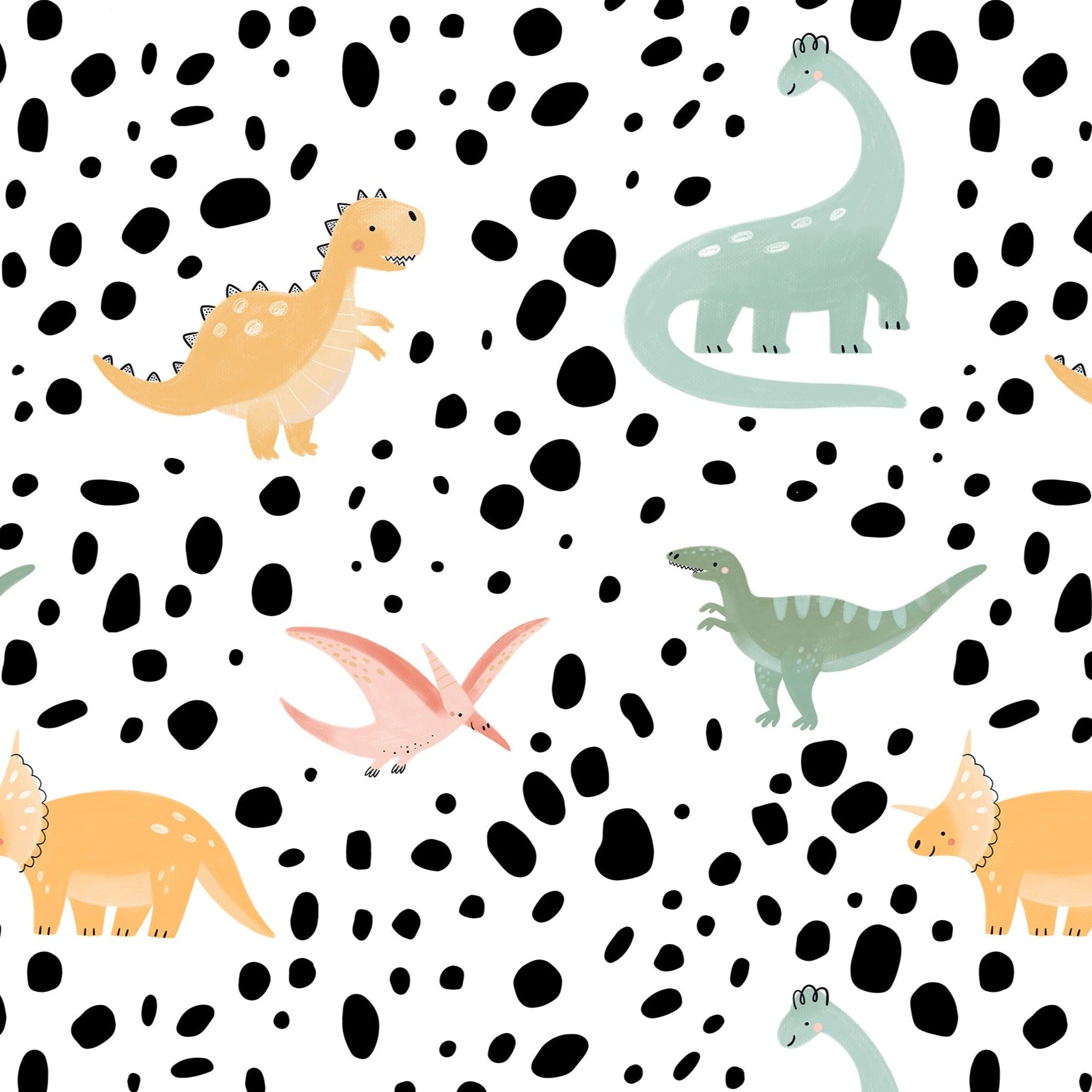 Dino World Kids Wallpaper with pastel dinosaurs on black speckled background