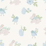 Detailed view of the Bunny and Bird Wallpaper featuring a soft pastel palette with illustrations of adorable bunnies and small blue birds interspersed with floral and egg motifs, creating a gentle and whimsical pattern.
