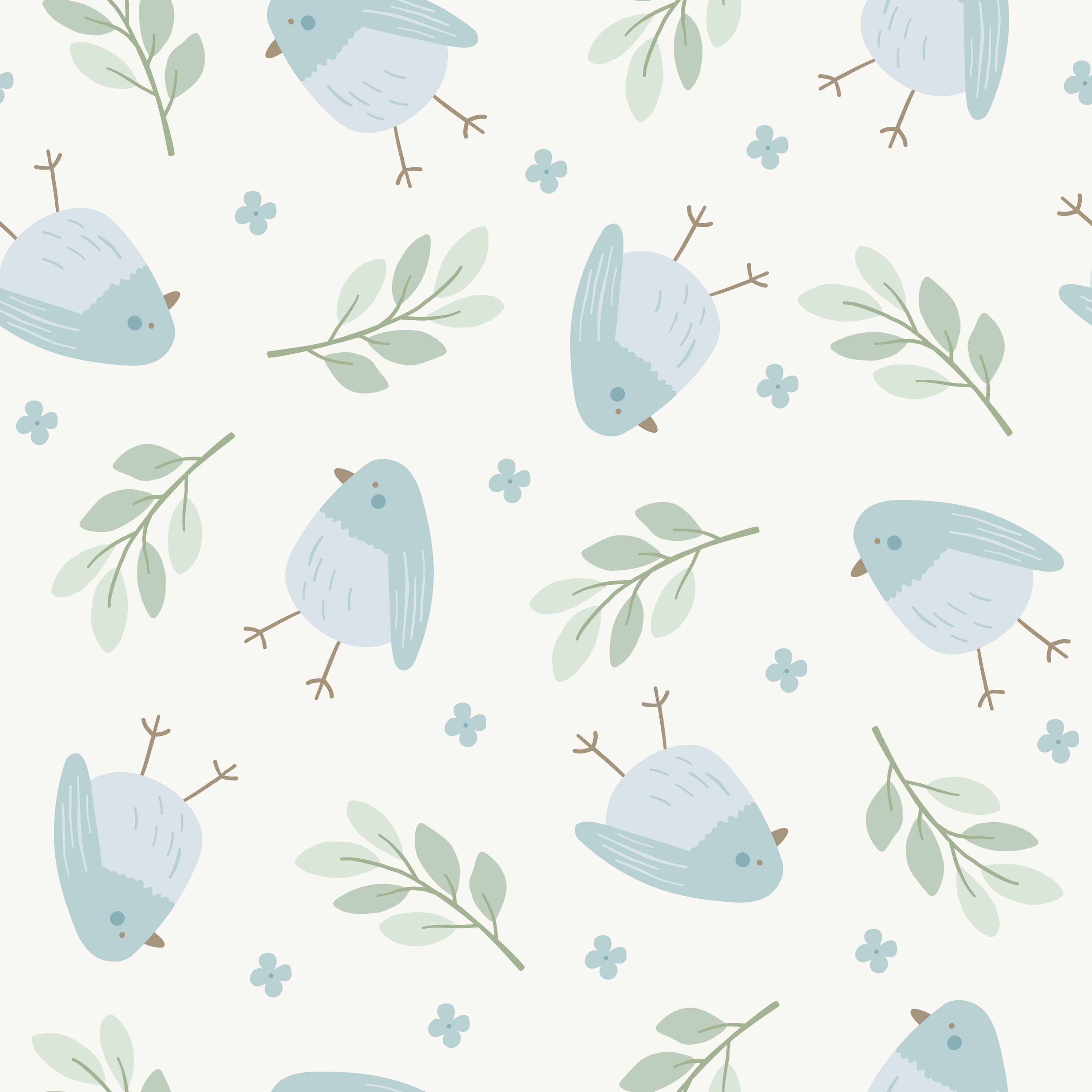 A close-up of the Baby Blue Bird Wallpaper, displaying a charming pattern of stylized blue birds and green leaves on a light background, perfect for a peaceful and cheerful nursery setting.
