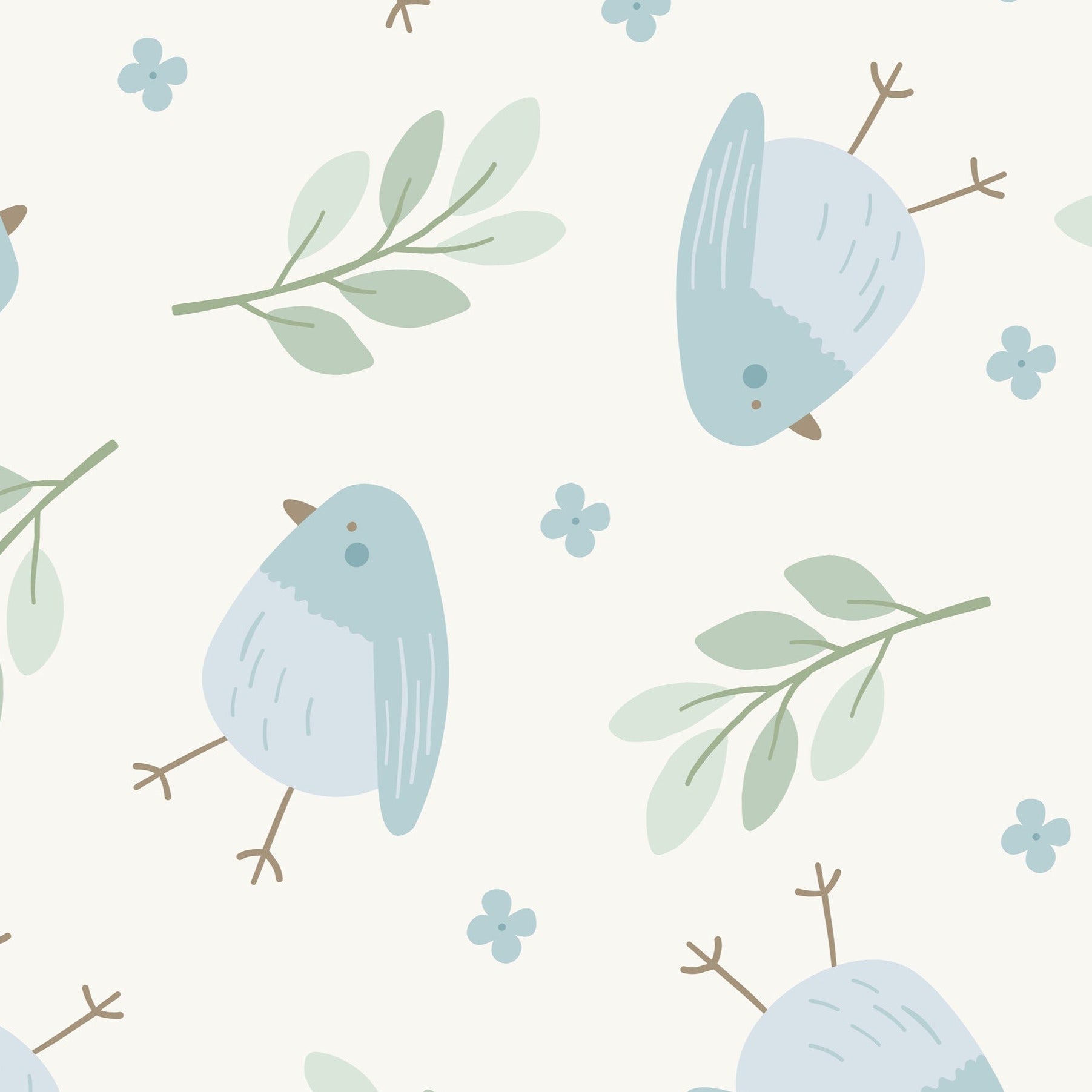 A close-up of the Baby Blue Bird Wallpaper, displaying a charming pattern of stylized blue birds and green leaves on a light background, perfect for a peaceful and cheerful nursery setting.