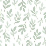 Close-up view of Easter Leaf Wallpaper featuring a serene pattern of delicate pale green leaves on a soft white background, creating a tranquil and refreshing atmosphere suitable for various spaces.