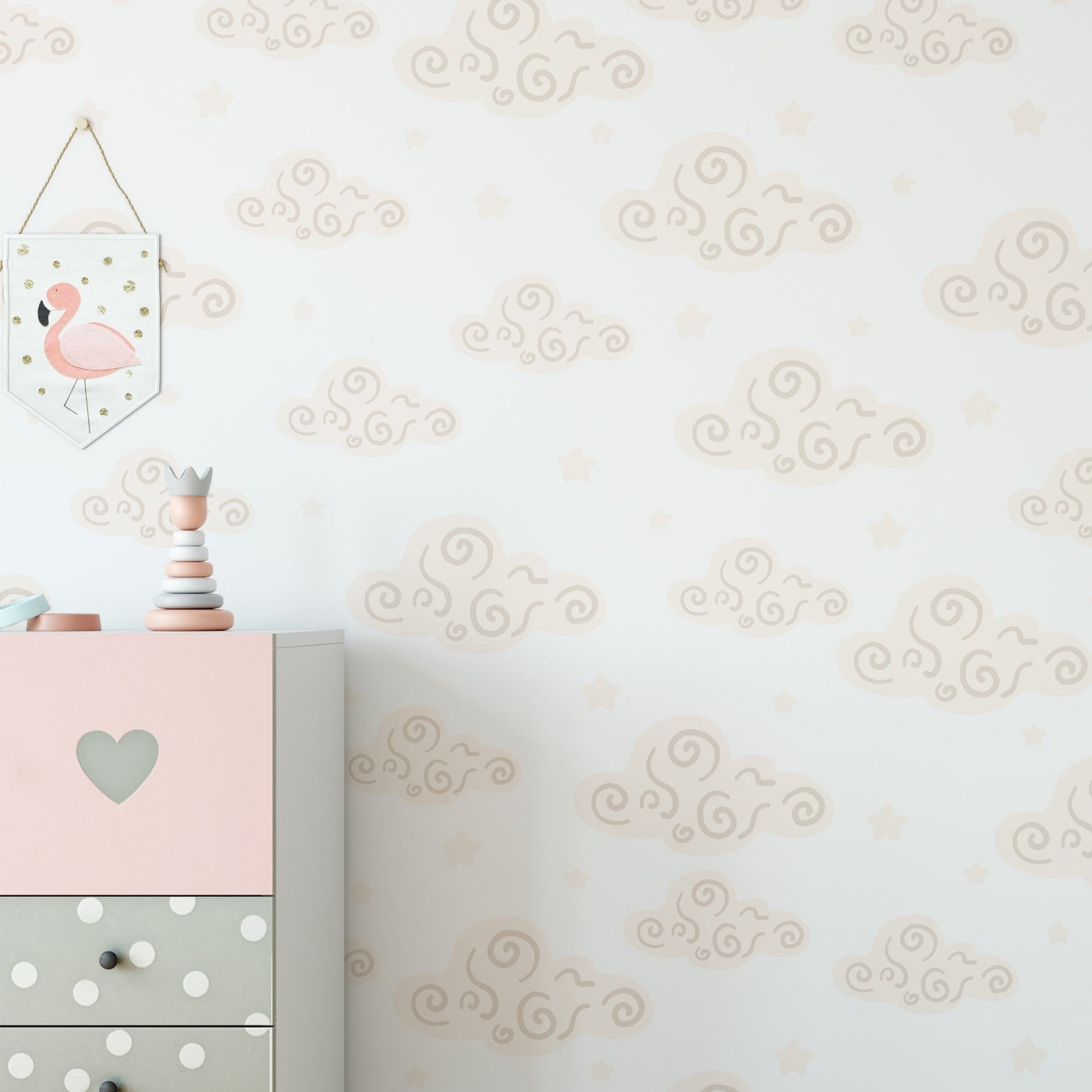 Children's room decorated with Miss Cloud Wallpaper showing cloud and star motifs