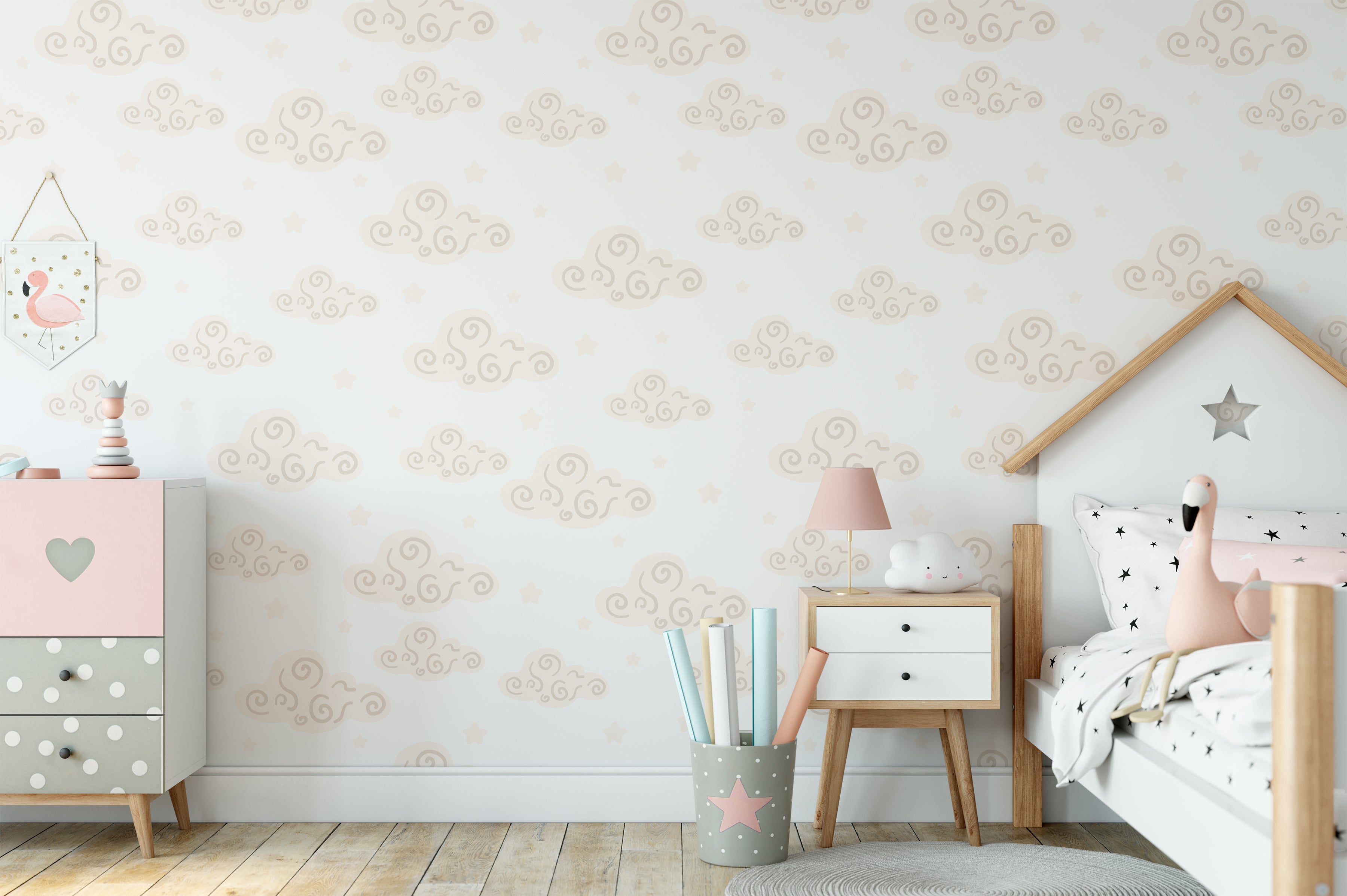 Miss Cloud Wallpaper pattern with soft pastel clouds and stars