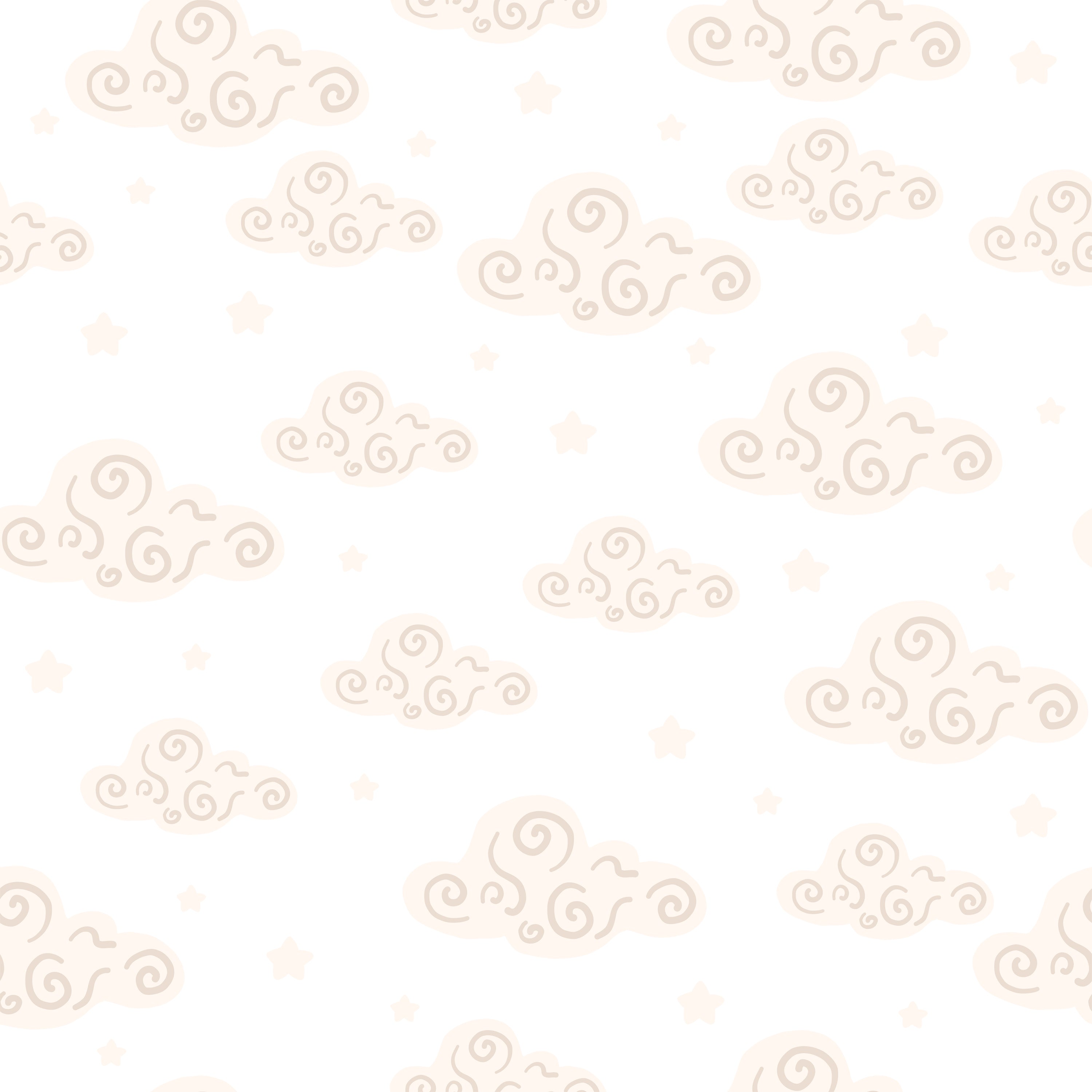 Seamless pattern of Miss Cloud Wallpaper featuring pastel clouds and golden stars