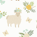 Whimsical children's wallpaper featuring a variety of farm animals adorned with floral wreaths, including sheep, horses, and deer, interspersed with butterflies and botanical elements on a light background, ideal for nursery decor.