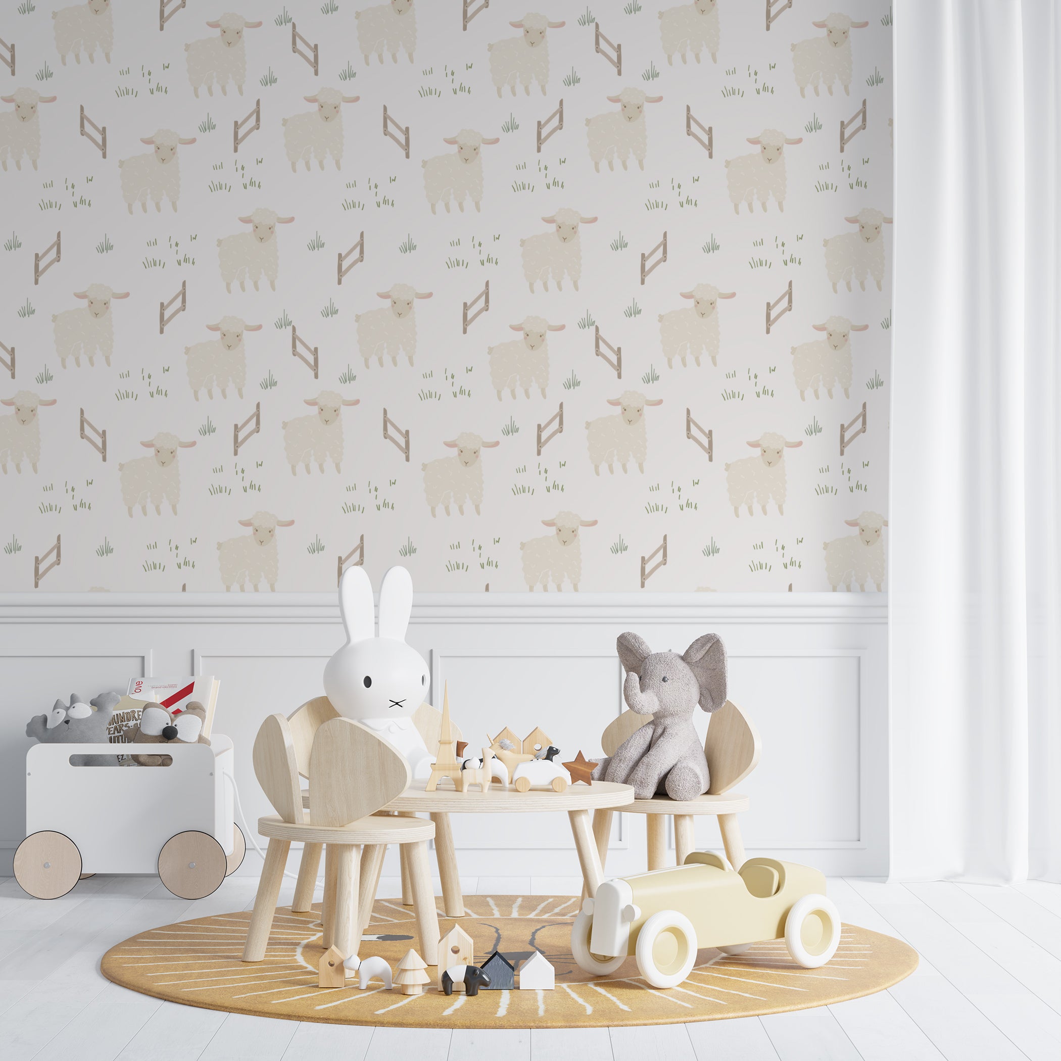 A cozy child's nursery decorated with 'Spring Farm Animals - Sheep Wallpaper' showing white sheep and fences in a pastoral setting, complemented by child-friendly wooden furniture and soft, plush toys for a calming environment