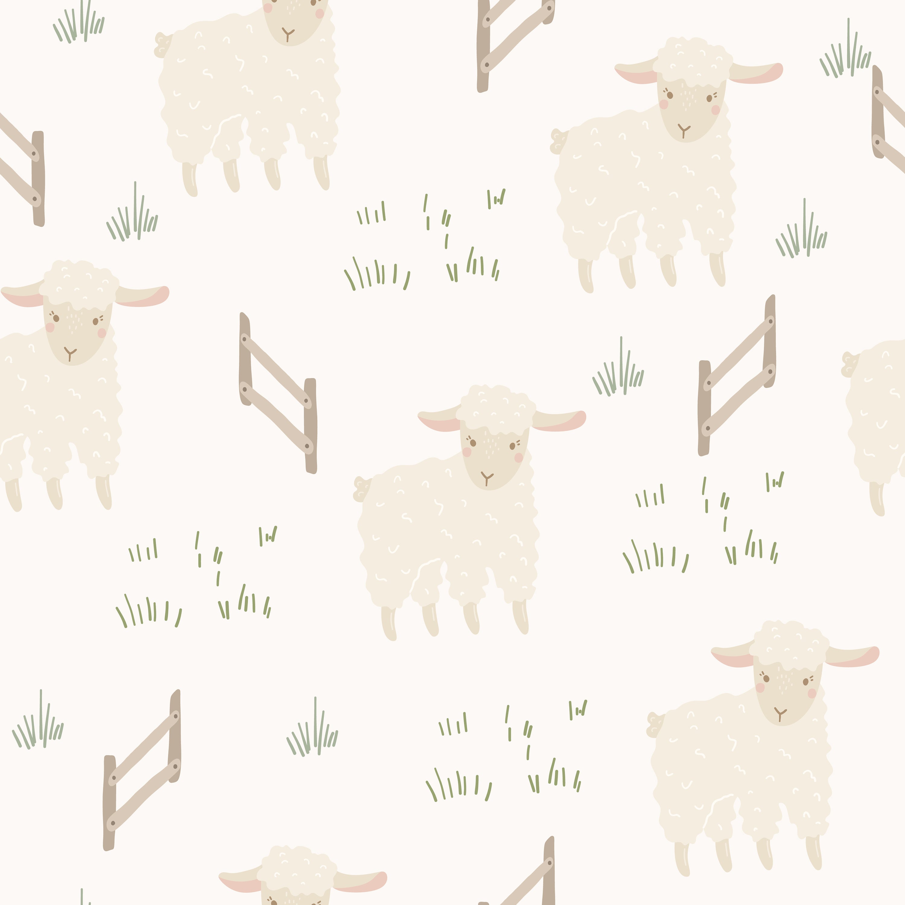 Playful children's room wallpaper featuring a pattern of fluffy white sheep and wooden fences scattered amongst patches of green grass on a soft cream background, creating a serene and charming farm scene.