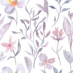 Close-up view of the Watercolor Garden Wallpaper, illustrating a delicate mix of purple and pink watercolor flowers intertwined with grey foliage on a white background. The gentle and artistic depiction adds a soothing and inviting element to home decor.