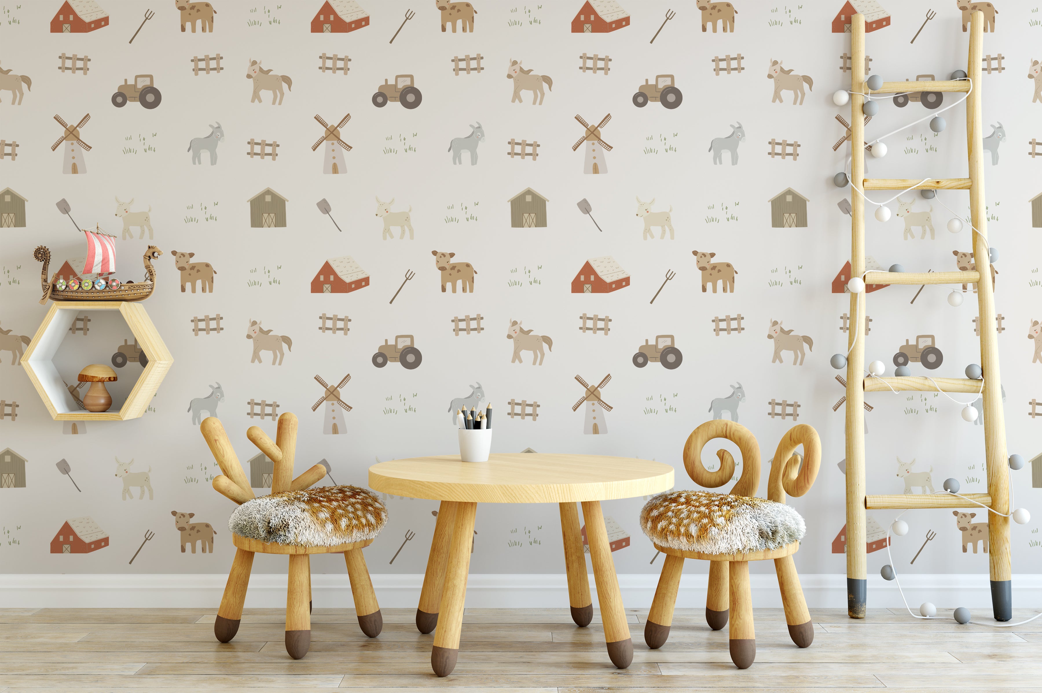 Children's playroom decorated with 'Spring Farm Animals II Wallpaper' featuring a pattern of farm animals, barns, tractors, and windmills in soft earthy tones on a cream background, complemented by wooden furniture and playful decorations.