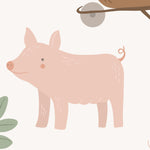 Cute pig standing near wheelbarrow with plants on Spring Farm Wallpaper design.