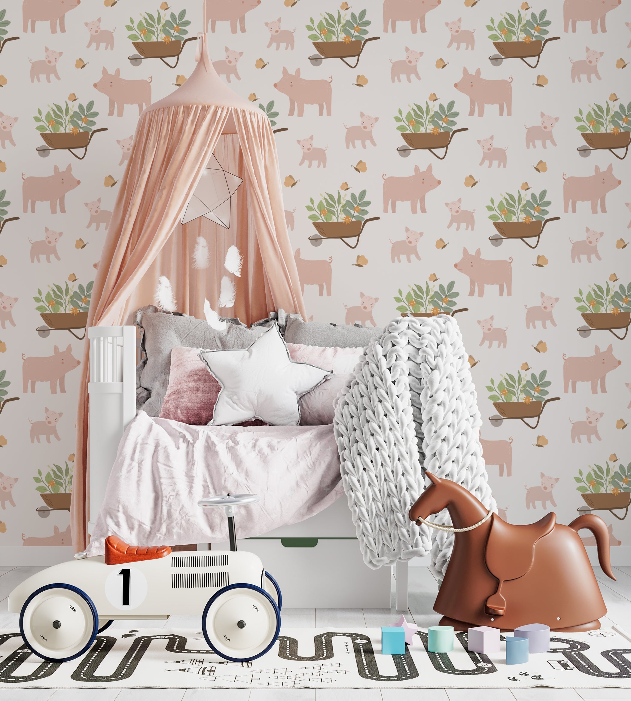 A cozy children's bedroom showcasing walls adorned with 'Piggy Spring Wallpaper,' featuring cute pigs and plant-filled wheelbarrows, complemented by soft, pastel bedding and a variety of plush toys, creating a warm and inviting space