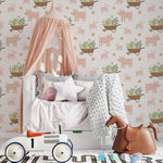 Children's room decorated with Spring Farm Wallpaper featuring pig patterns and wheelbarrows with plants.