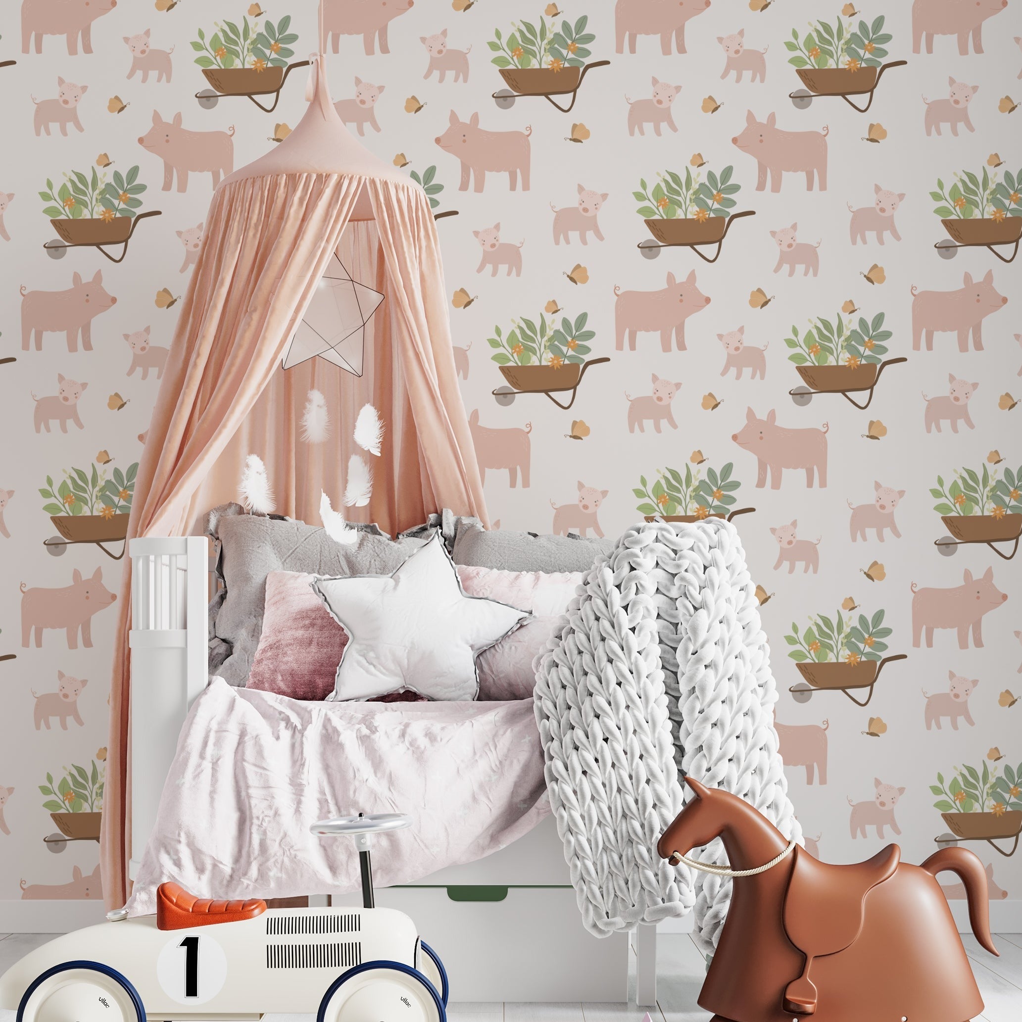 A cozy children's bedroom showcasing walls adorned with 'Piggy Spring Wallpaper,' featuring cute pigs and plant-filled wheelbarrows, complemented by soft, pastel bedding and a variety of plush toys, creating a warm and inviting space