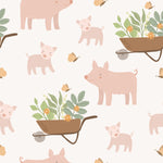 Seamless pattern of pigs and wheelbarrows on Spring Farm Wallpaper for a cheerful room makeover.