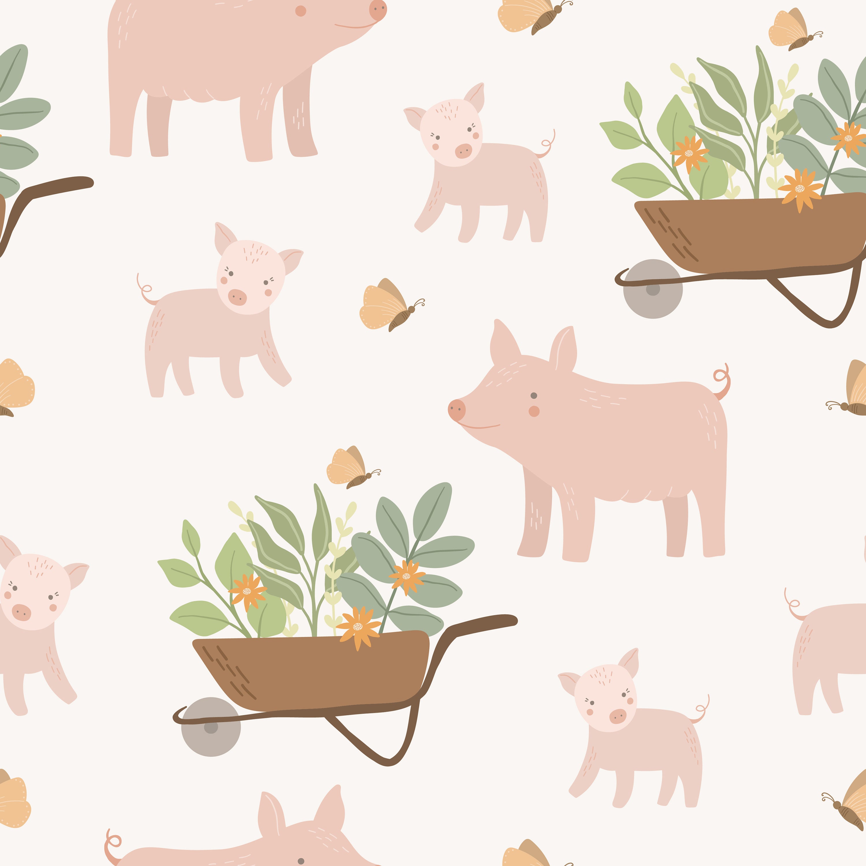 Charming wallpaper pattern featuring pale pink pigs in various poses with wheelbarrows full of green plants and orange flowers, interspersed with fluttering butterflies on a light background, ideal for a nursery or child's room.